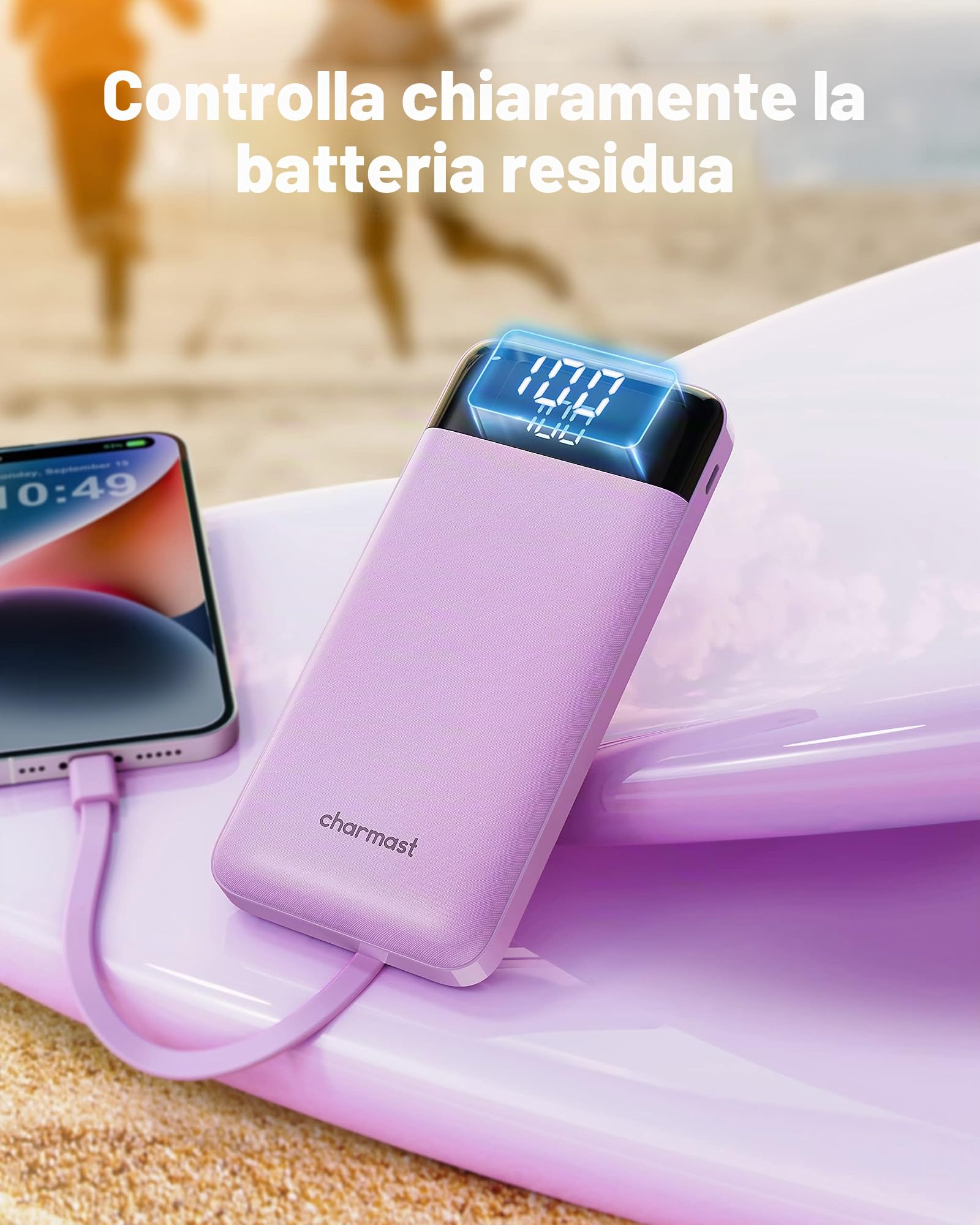 Charmast Batteria esterna 10000mAh con 4 Cavi Integrati Batteria Portatile USB C Sottile Power Bank con 6 Uscite e 3 Ingressi per iPhone 12 13 11 Samsung S21 S22