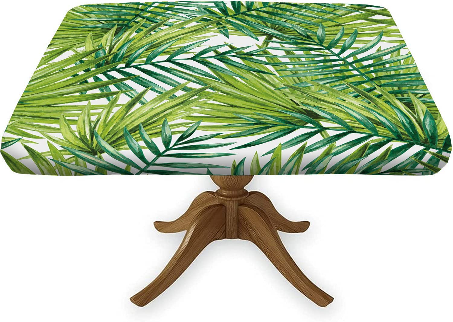 Summer Square Palm Leaves Fitted Tablecloths, Watercolor Tropical Plant Leaf Print Elastic Edged Table Cover, Great for Home Kitchen/Parties/Holiday