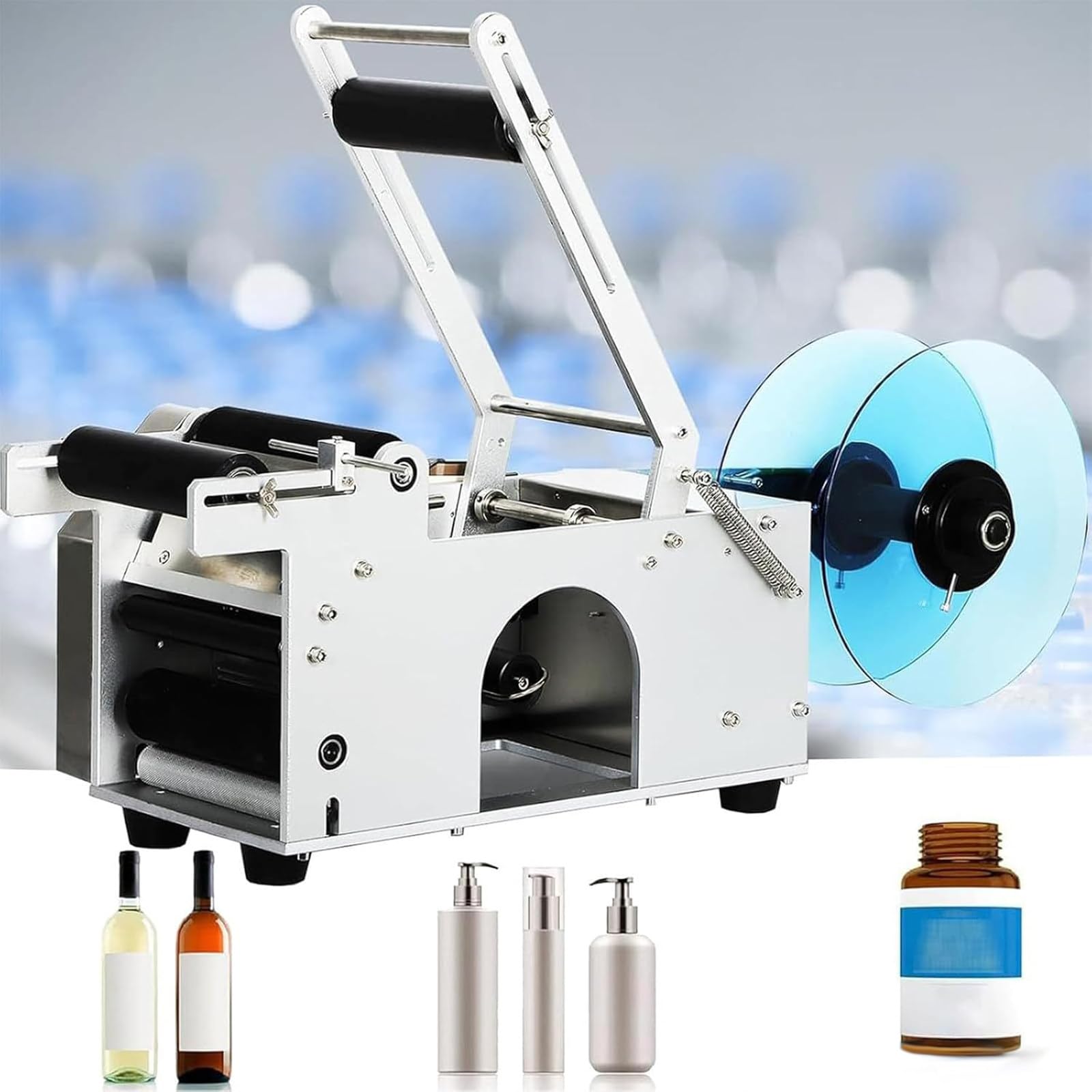 RoyceBee Semi-Automatic Round Bottle Labeling Machine, Adjustable Labeler Label Applicator Machine for φ0.59-5.1” Cylinder 20-50pcs/min，Adjustable Bottle Labeler Label Applicator Machine