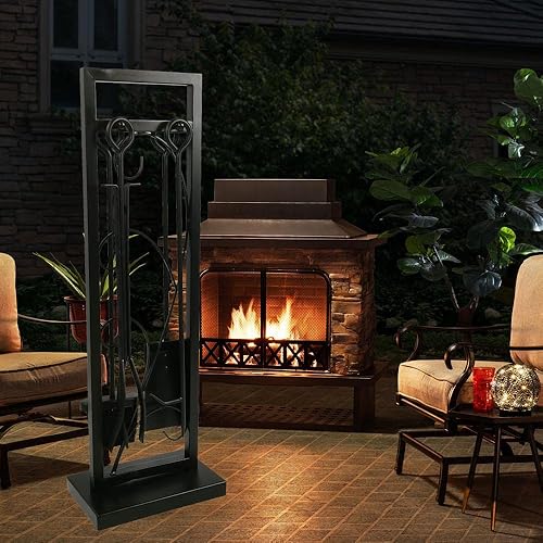 Miniatura 7 de Lizh Metalwork - Juego de 5 herramientas para chimenea de acero negro, kit de accesorios para horno, herramientas para chimenea, incluye póster,