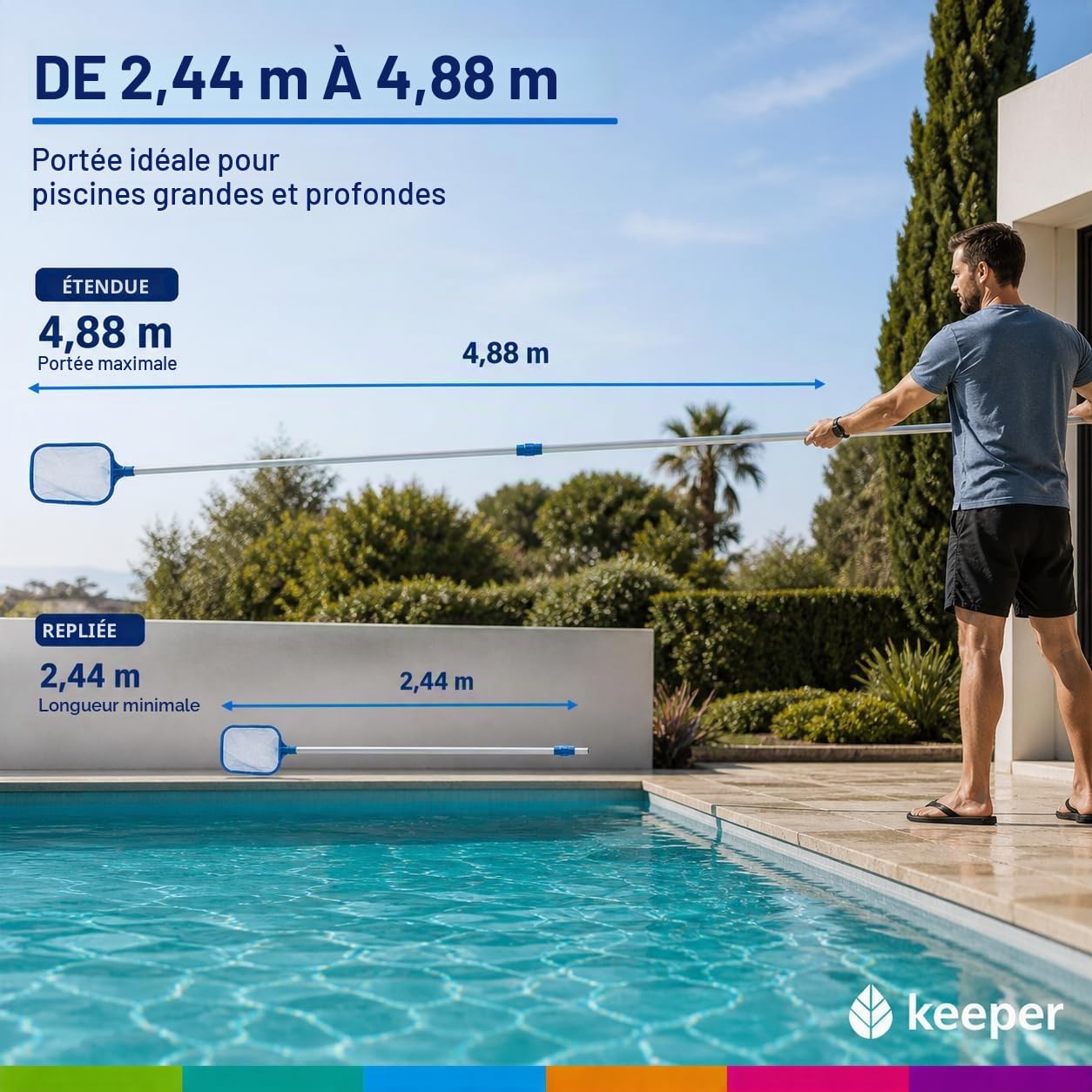 SIQUA Perche Télescopique avec Système de Verrouillage par Clip et Écrou Papillon, Extensible Jusqu’à 5 m, Perche en Aluminium Strié, Manche pour Nettoyage de Piscine, Manche Télescopique Universel