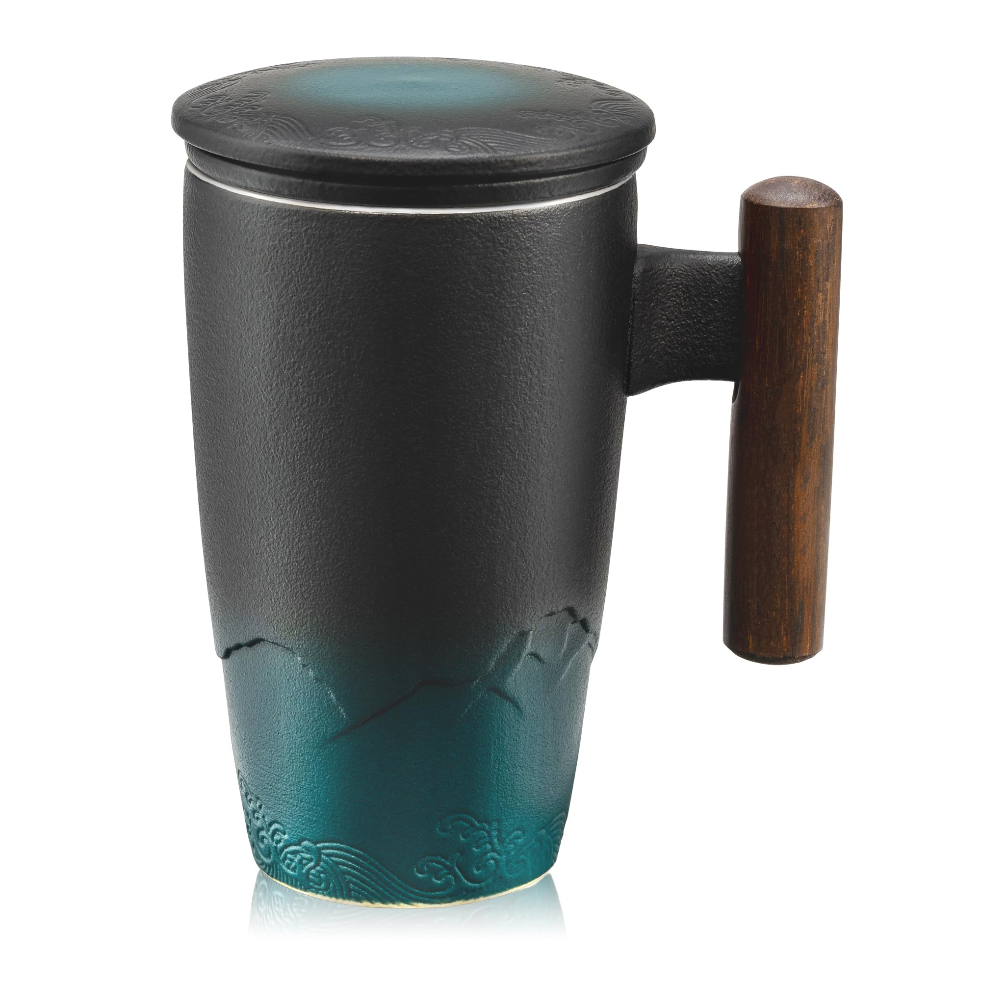suyika Ceramic Tea Cup with Infuser and Lid Tea Mugs Wooden Handle 400ml/13.5oz Dark Green