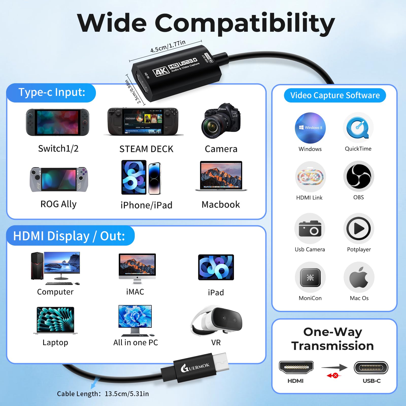 Guermok Tarjeta de captura HDMI 4K a 60FPS, 1080P a 240FPS USB 3.0 HDMI a USB A/C tarjeta de captura de video para transmisión, funciona con Pad, Switch 2/1, PS4/5, Xbox1, Quest3, Mac OS, Windows