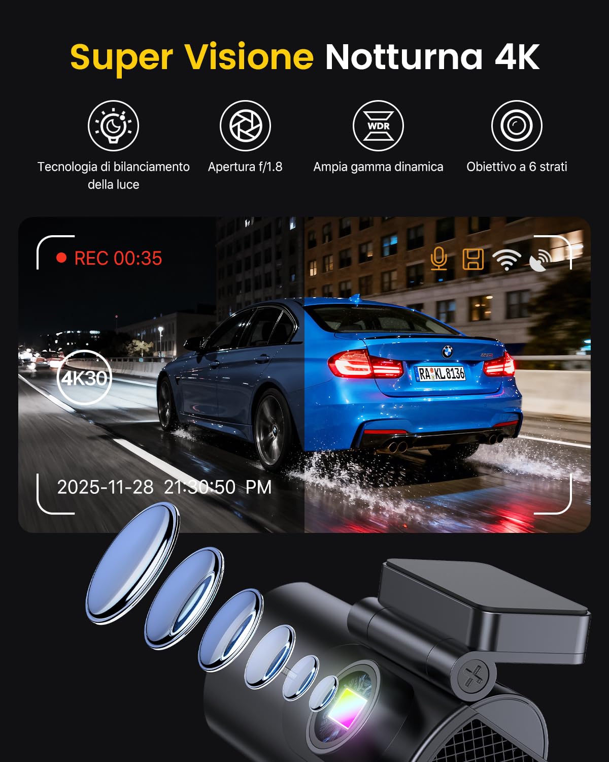 GKU Dash Cam Auto 4K/2.5K,Podwójna kamera samochodowa WiFi z kartą SD 64G,Dashcam Samochód 170° Szeroki kąt,Super Night Vision,WDR,G-Sensor,24H Monitor Parkowania,Nagrywanie pętli,Max 25 90G