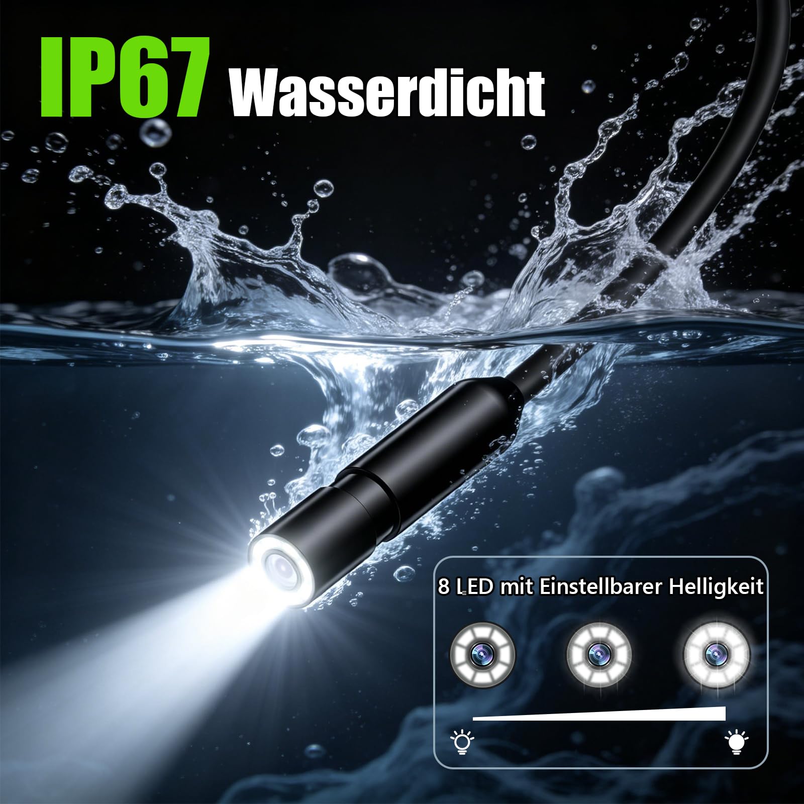 Endoskopkamera mit Licht 4.3" IPS Bildschirm – 1080P HD Inspektionskamera mit 8mm Kamera & 8 LED, IP67 wasserdichtes Endoskop mit 5M halbstarrem Kabel mit 32GB TF-Karte für KFZ Rohrleitungen Industrie