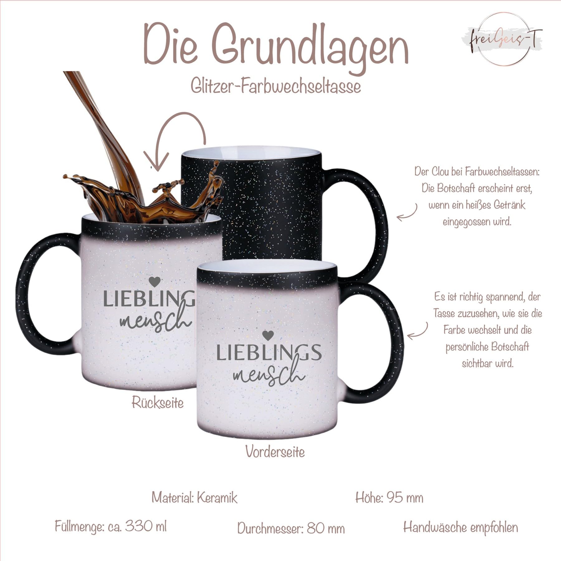 Farbwechsel-Tasse „Lieblingsmensch“ – Zaubertasse mit Glitzer, Keramik 330 ml, magische Tasse für Kaffee & Tee, Geschenkidee für Partner, Freunde, Familie