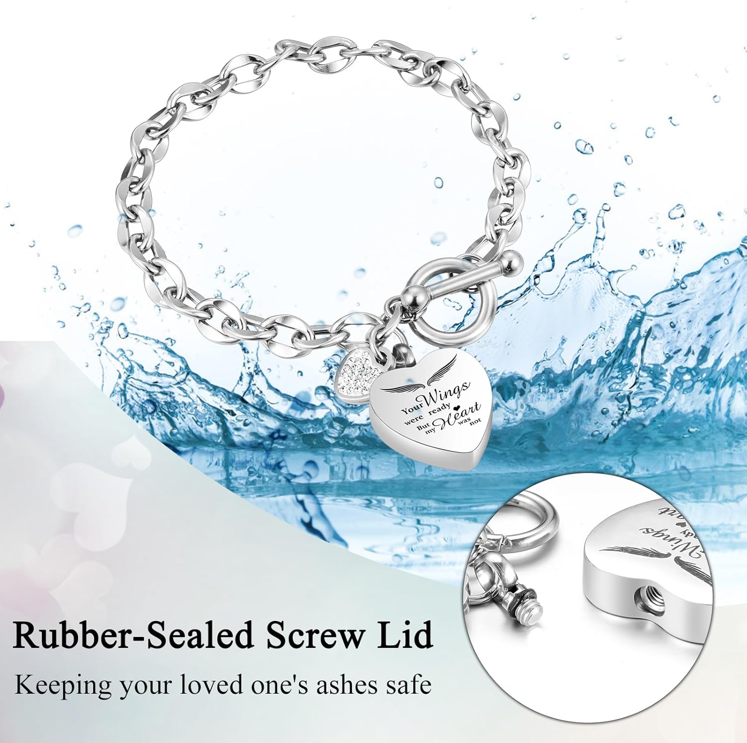 abooxiu Lock Urn Bracelet for Ashes - Crystal Heart Cremation Bracelet - Stainless Steel Memorial Ash Holder for Men Women - Silver - Image 5