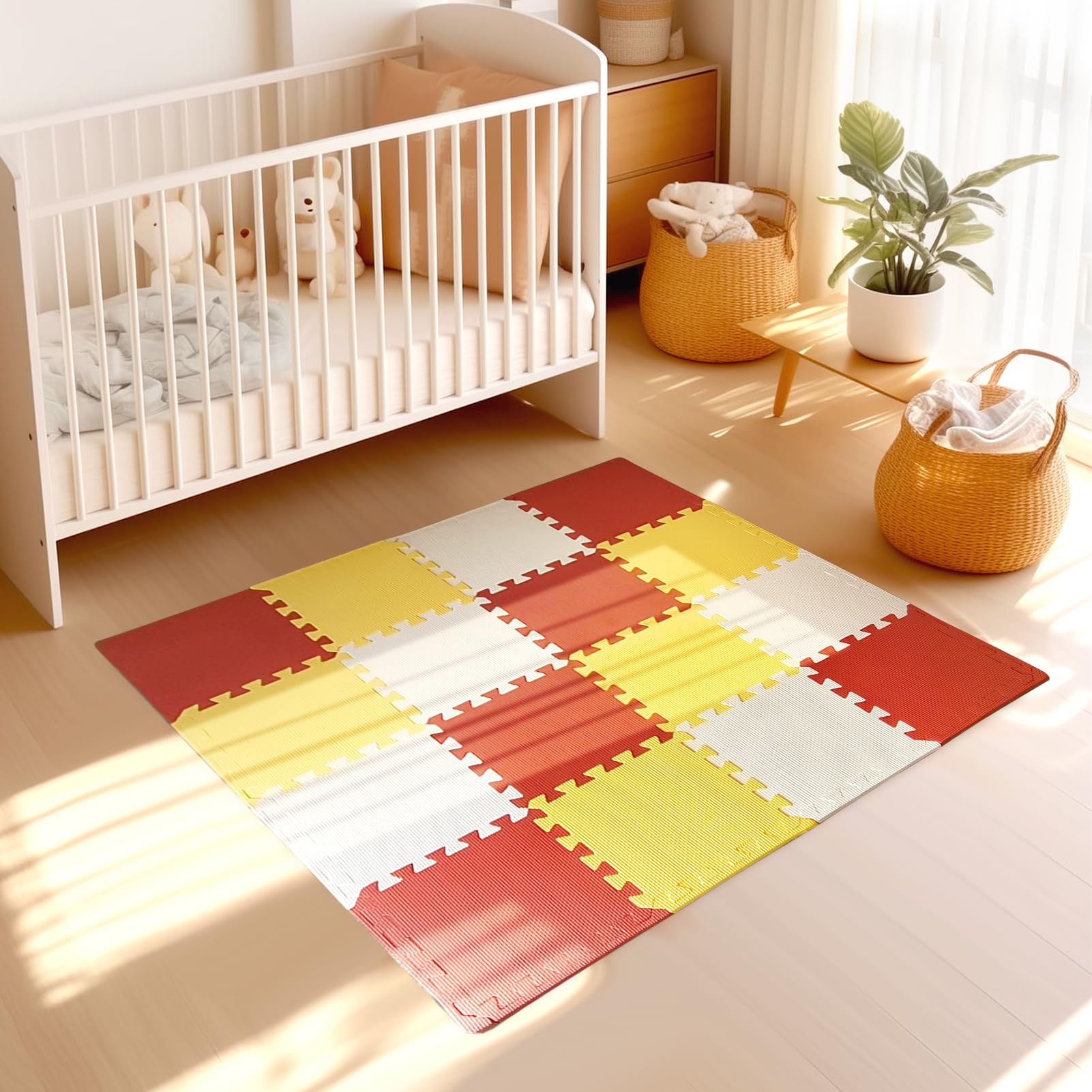 TCBunny Kids Soft EVA Foam Jigsaw Puzzle Play Mat, 18 Interlocking Tiles and Edges Baby Play Mat, for Kids Gym, Nursery, Playroom, Pet Mat, Total Floor Coverage 16 Sq Ft, Red/Yellow/Beige