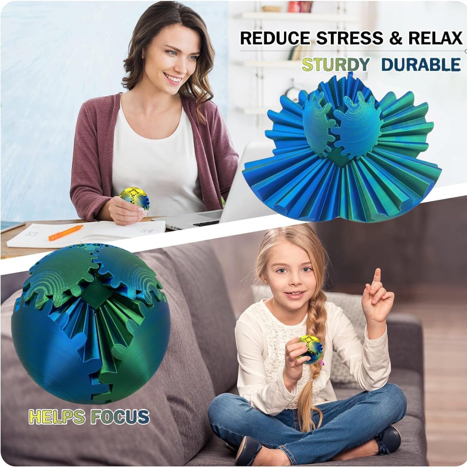Boule Anti-stress Rotative Imprimée 3D - Gear Ball Bleu-vert - Jouet Fidget Pour Bureau, Enfants, Adultes