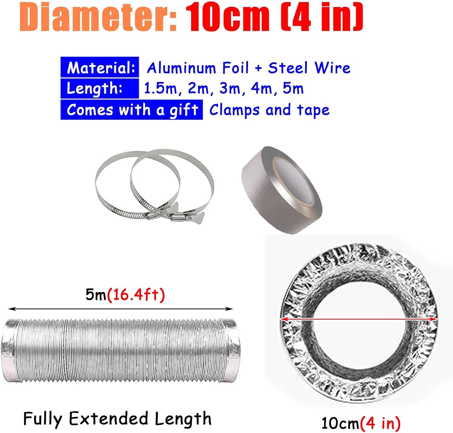 Exhaust Telescopic Hose,4in & 6in Tumble Dryer Hose Vent Kit - Extra Long Aluminum Foil Exhaust Ducting Pipe (5m/16.4ft, Dia-100mm) for Bathroom/Kitchen, Heat Resistant Telescopic Ventilatio