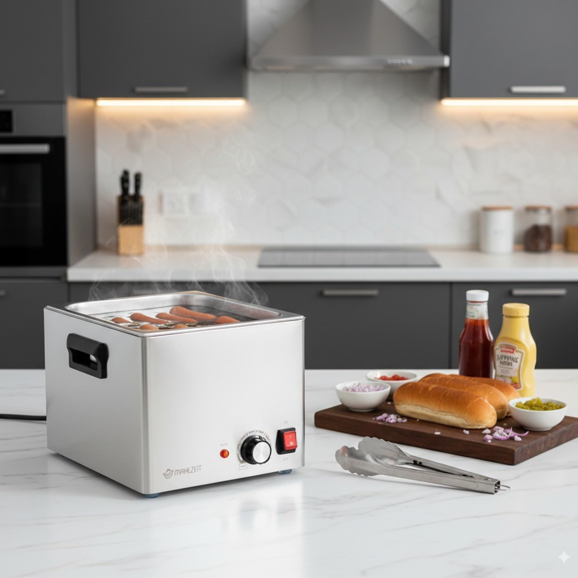Mahlzeit Chauffe-saucisses électrique en Acier Inoxydable - 29,5 x 34,5 x 24 cm - Chauffe-Saucisse - Gastro - 220-240 V - 1200 W - Réchauffeur à Saucisse - Chauffe-Saucisse - Hot Dog
