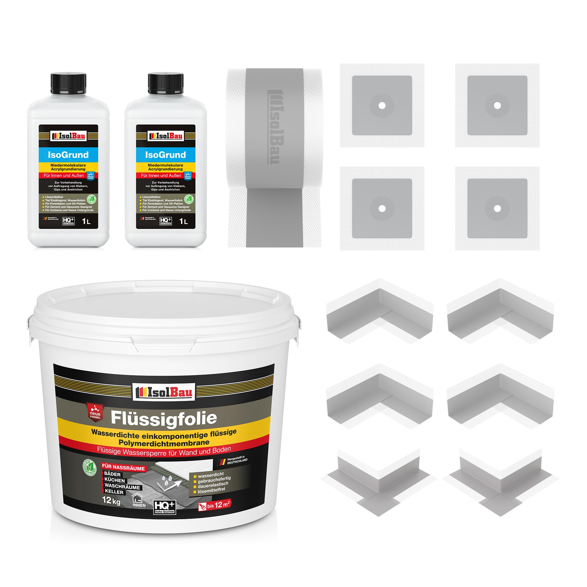 Isolbau Dicht-Set - Inkl. 1x Flüssigfolie (12 kg), 2x Grundierlösung (je 1 L), 1x Dichtband (20 m), 4x Innenecken, 2x Außenecken & 4x Manschetten