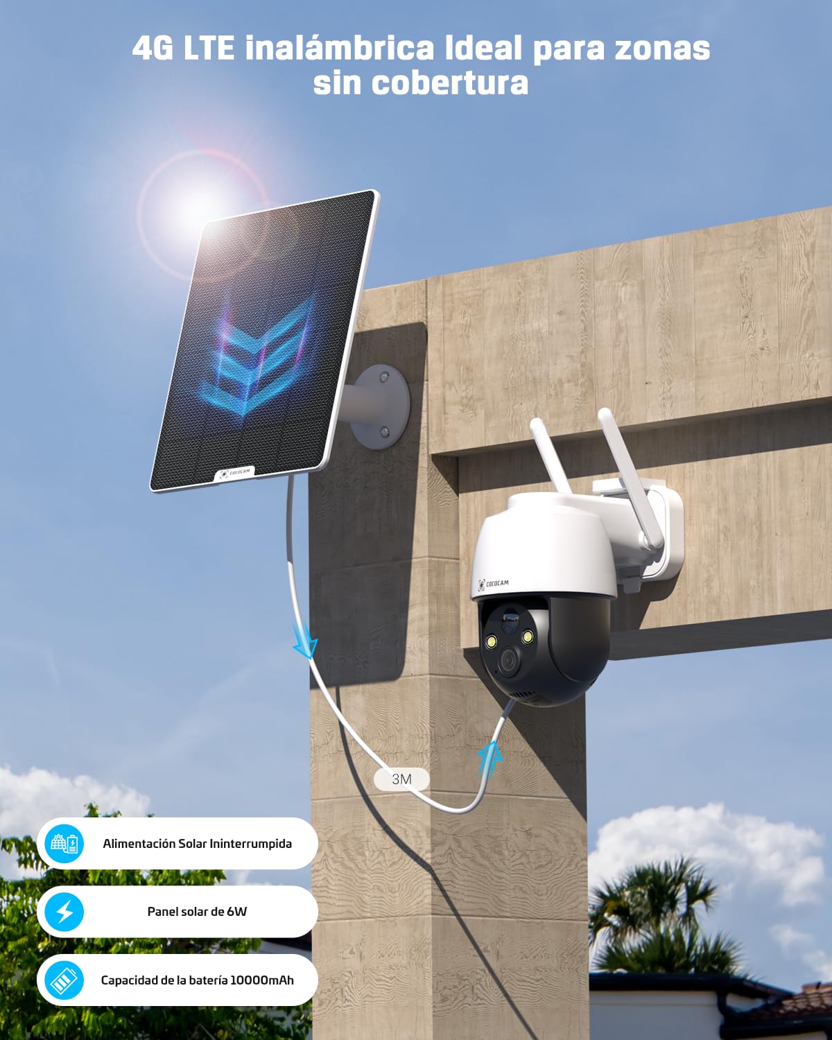 COCOCAM 4G LTE Camara Vigilancia Exterior Solar Sin WiFi con Tarjeta SIM, 2K PTZ Inalámbrico, 10000mAh, 6W Panel Solar, Detección Humana PIR, Reconocimiento AI, IP66, Funciona con Alexa