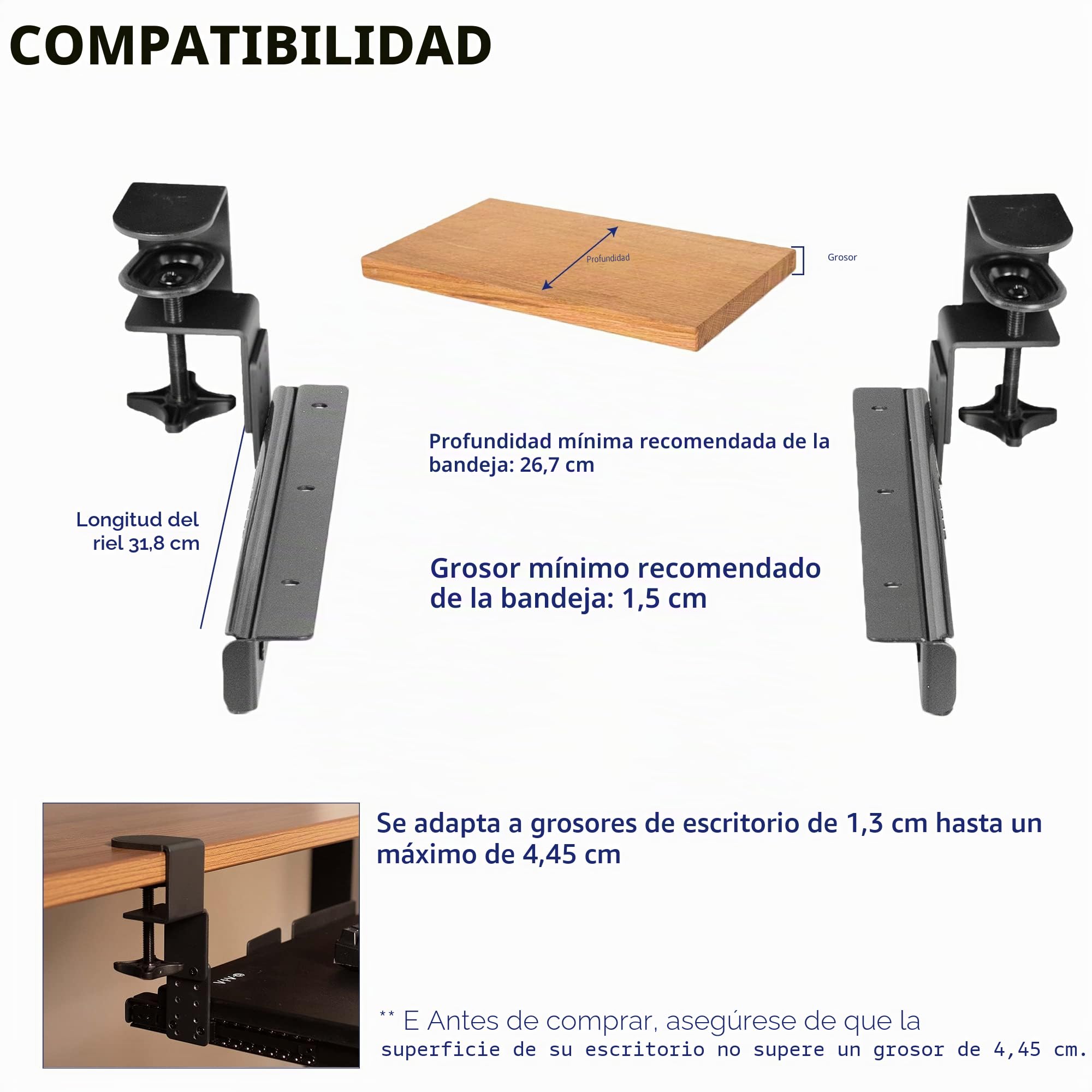 VIVO Juego de abrazadera ajustable en altura y riel de 12 pulgadas para bandejas de teclado de madera personalizadas (bandeja no incluida), pista deslizante extraíble debajo del escritorio con sistema