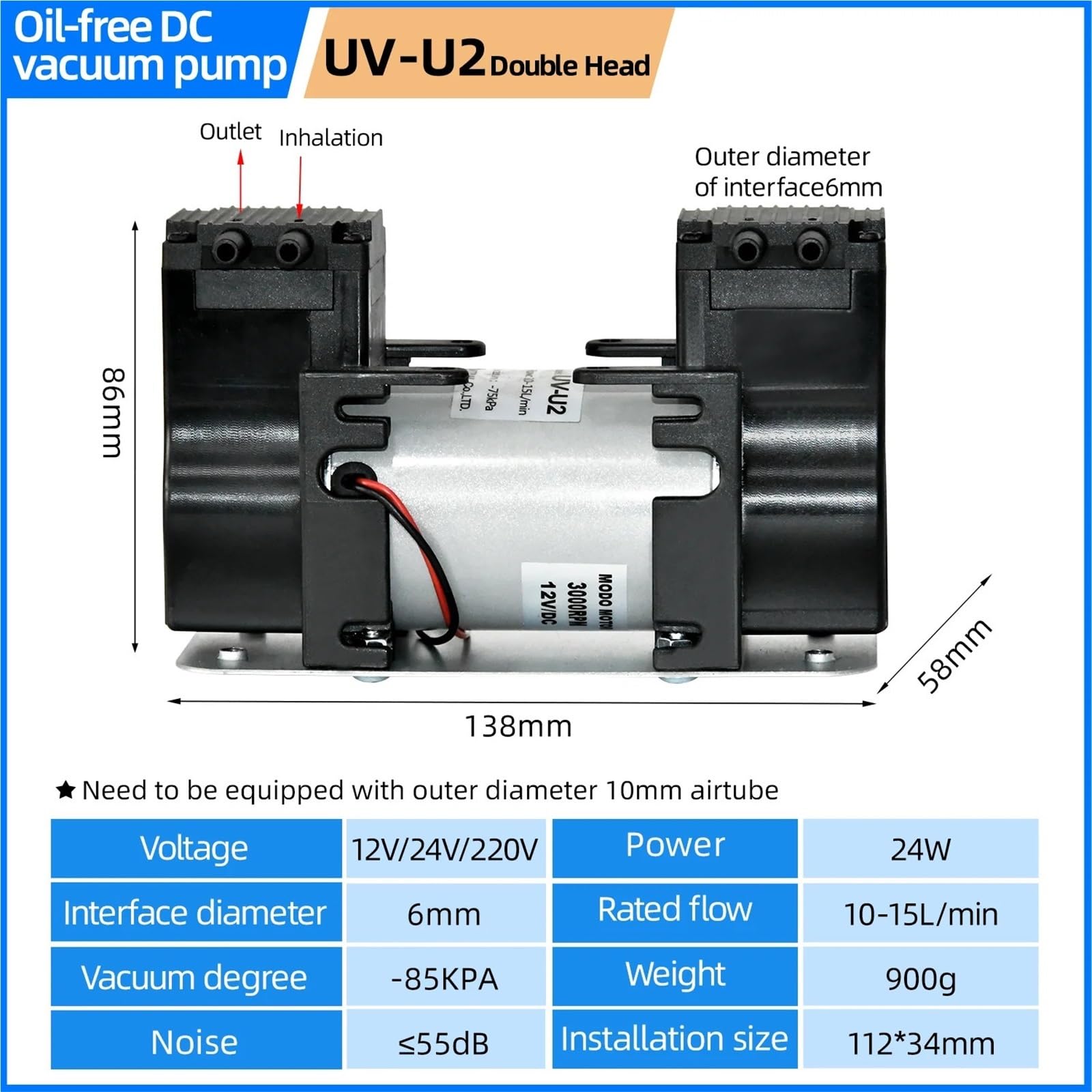 Bomba de aire de diafragma pequeña de 12 V/24 V CC, alta presión negativa, for inflador de laboratorio (DIY)(24V,UV-U2 double head)