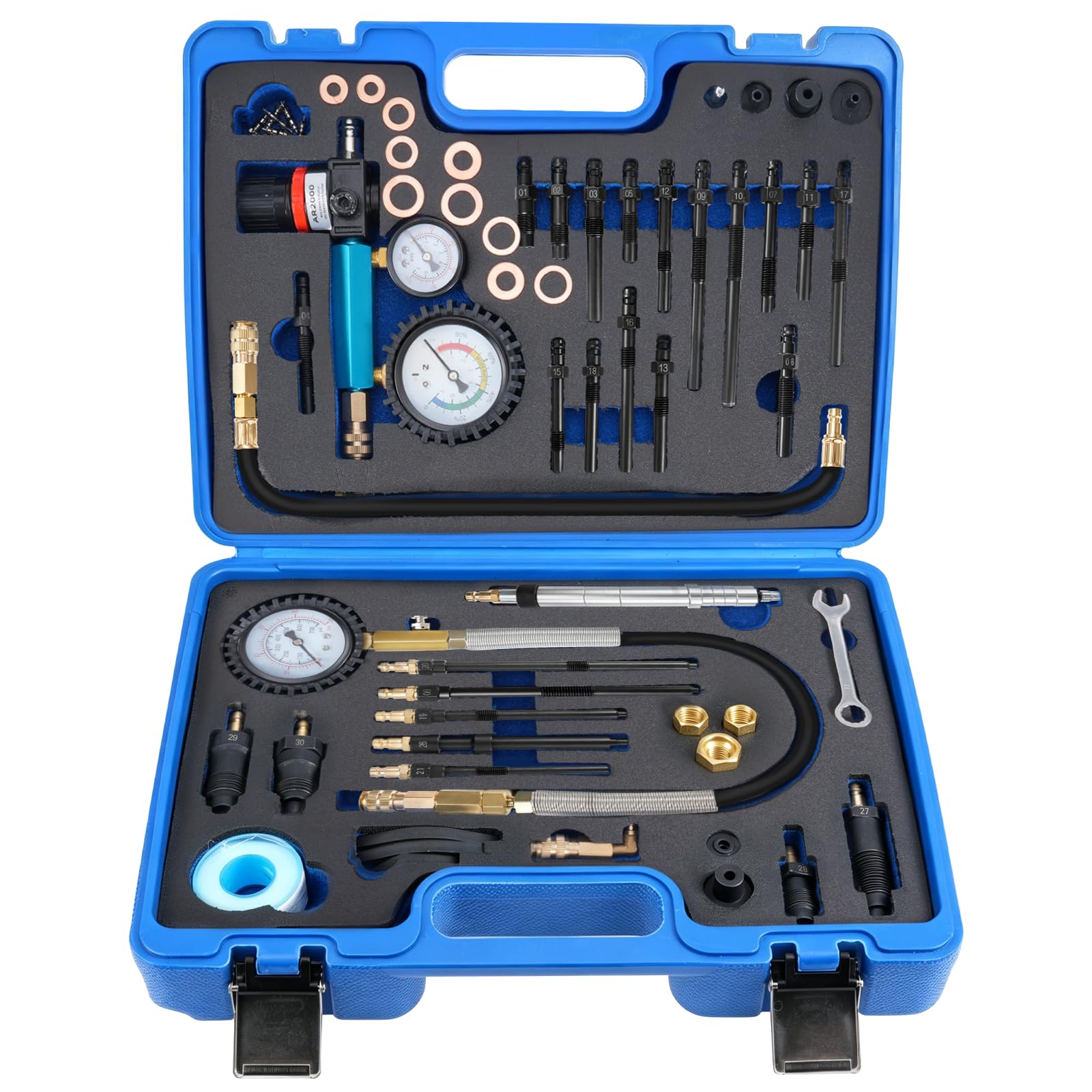 Tester di compressione professionale, 46 pezzi, 0-50 bar (0-725 Psi) per HDI, TDCi, tester di pressione di compressione diesel e motori a benzina, per auto, camion, moto, M8, M10, M12, M14, M20, M22
