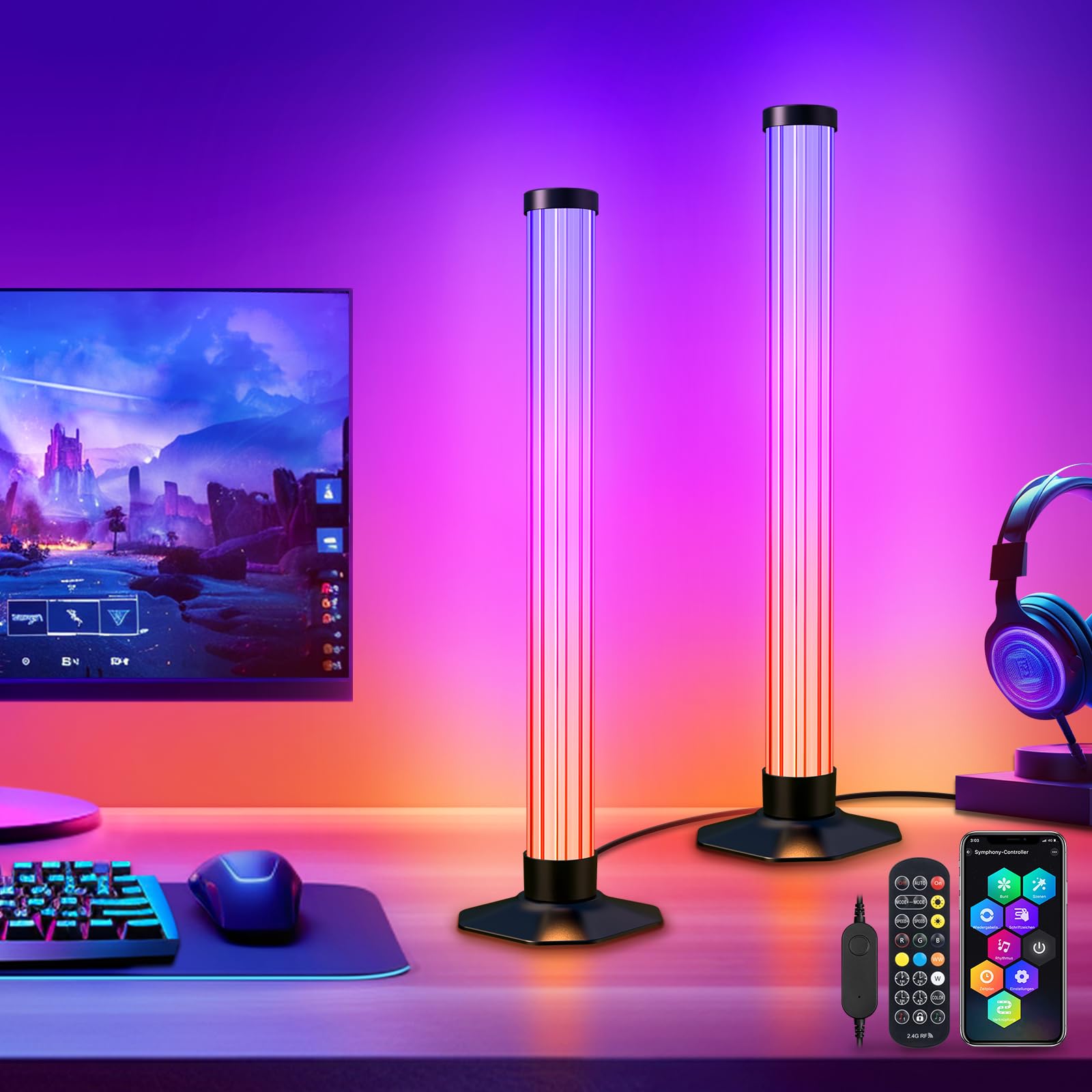 AmzFan 360° Smart LED Lightbar, 42cm RGBIC TV Ambient Lampe, Gaming Led Lampe Funktioniert RGB Ambient Smart Sync mit Musik und APP Control Steuerung für Gaming, PC, TV, Raumdekoration