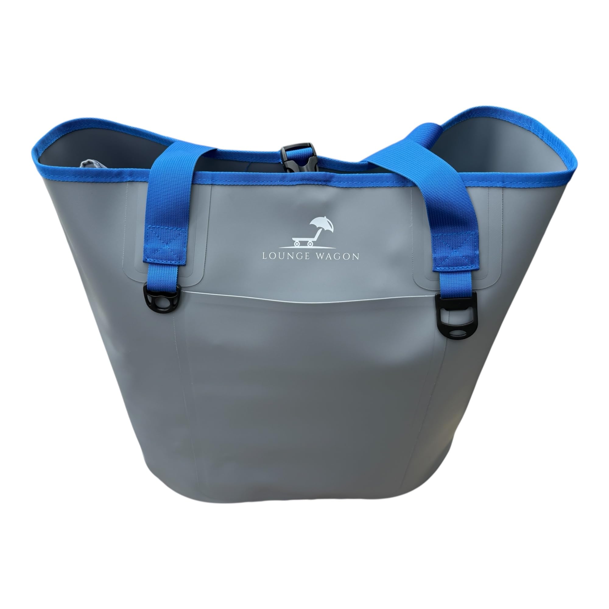 Lounge Wagon Waterproof Beach Tote Bag, Large 17” x 17” x 10” Carryall with Rugged Bottom, Zipper Pocket, Gray with Blue Handles, for Beach, Pool &