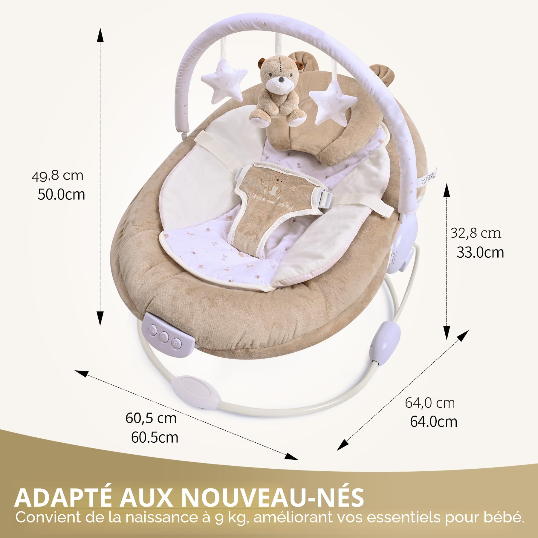 LADIDA Transat pour bébé rembourré en peluche avec vibrations et mélodies apaisantes, bruit blanc, barres de jouets amovibles avec jouets mignons 0m+ Marron (078)