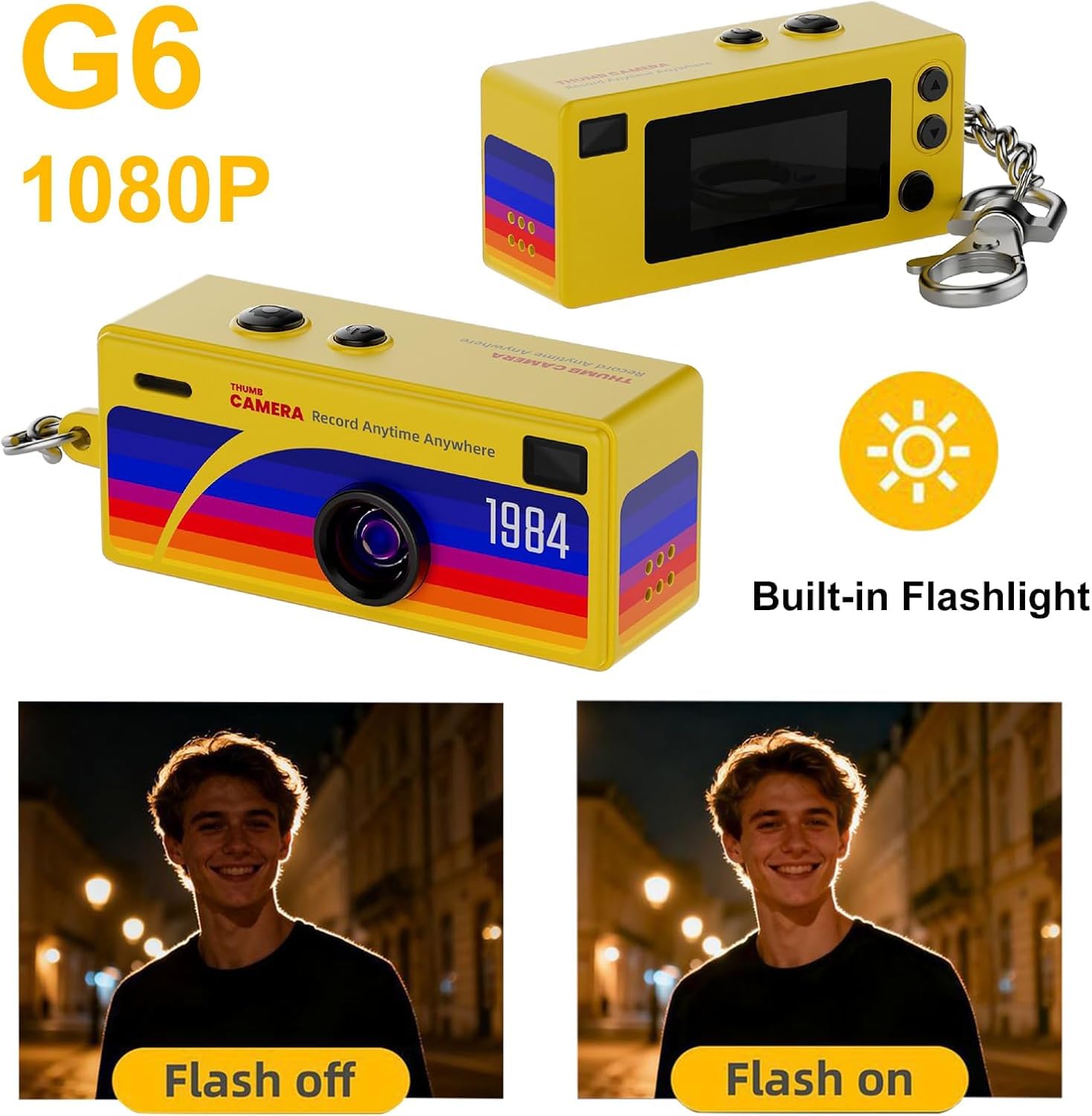 Mini Fotocamera Portachiavi Vintage, Mini Macchina Fotografica Digitale, Small Keychain Camera, HD 1080P, Videocamera Piccola Grandangolare 130° per Vlogging di Viaggio (Giallo)