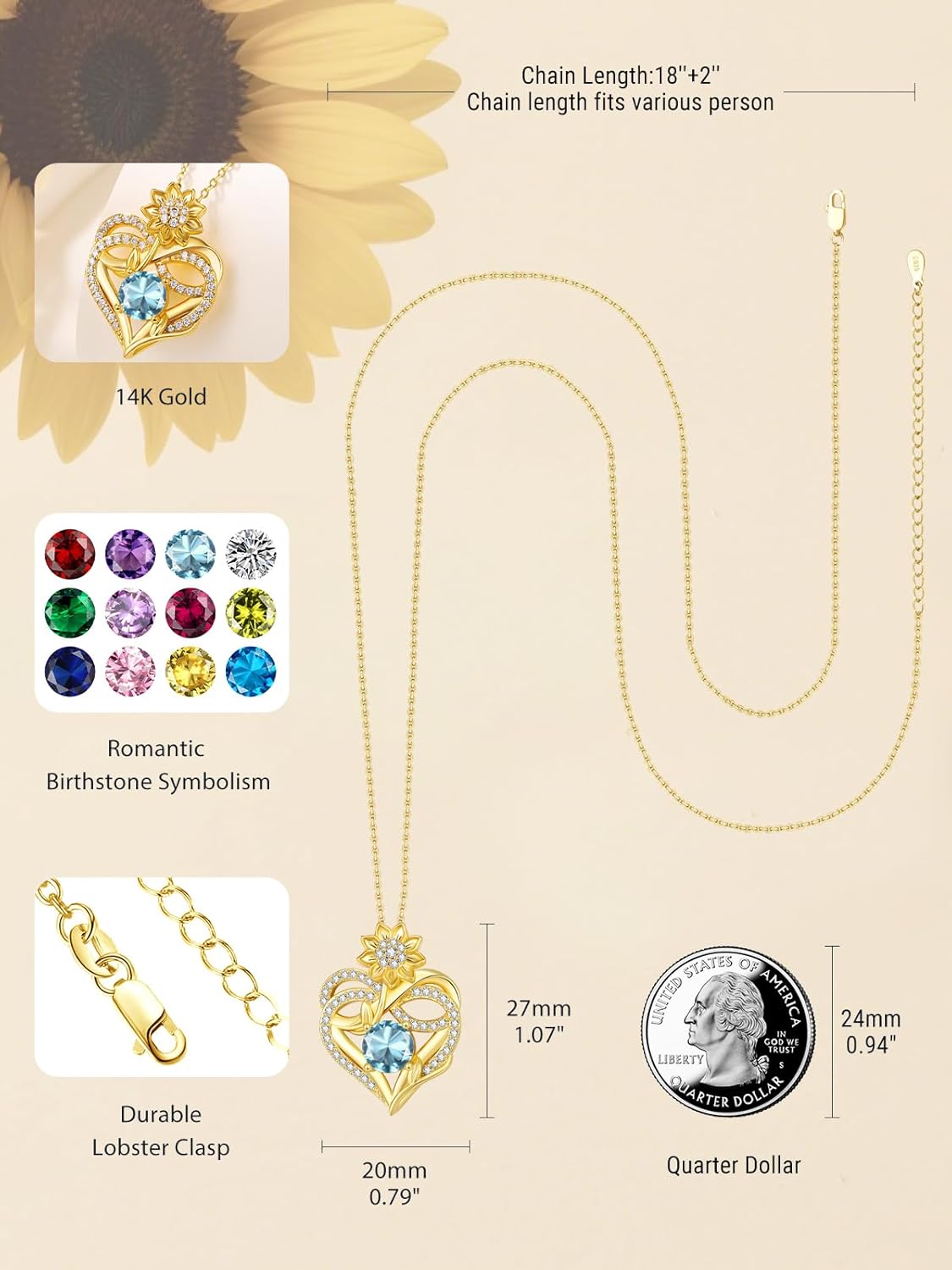 14K Gold Sunflower Birthstone Necklace for Women Infinity Love Heart Necklace Christmas Valentines Mothers Day Anniversary Birthday Gifts for Her Mom Wife Girlfriend Daughter