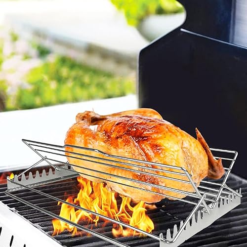 Miniatura 2 de Qinlenyan Estante de asado de pavo en forma de V, estante ajustable para asar pollos de acero inoxidable, plegable, para asar y freír, color plateado