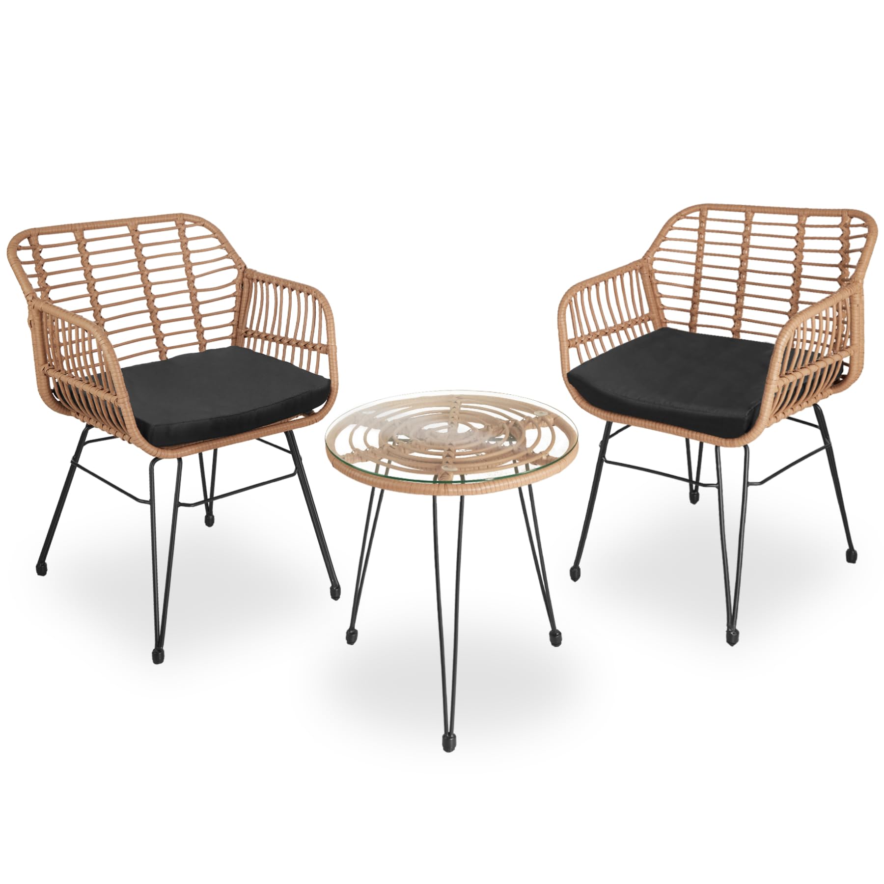 tectake® Salon de Jardin Extérieur en Poly Rotin Set de 3 pcs, Ensemble 2 Fauteuils Salon et Table de Jardin avec Plateau en Verre de sécurité, Coussins Amovibles Inclus, Amenagement Balcon Terrasse