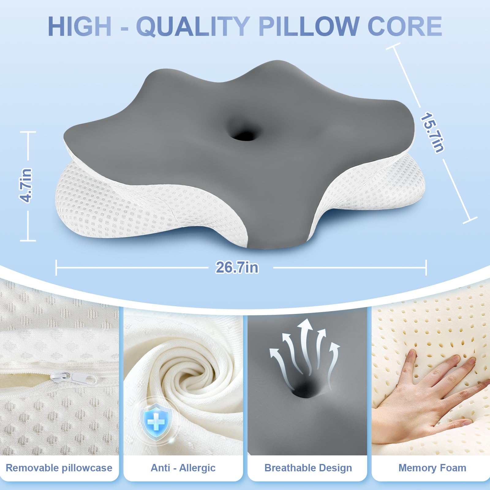 Cuscino Cervicale per Dormire, Cuscino Ergonomico in Memory Foam per Dormire, Cuscino per Supporto Cervicale con Federa Sfoderabile e Lavabile per Dormitori Laterali, Supini e Proni, Grigio