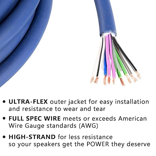 Miniatura 4 de TOPSTRONGGEAR Cable de altavoz de 9 conductores de 20 pies, 18 AWG 100% OFC, cable de altavoz de 4 canales y cable remoto (calibre 18)