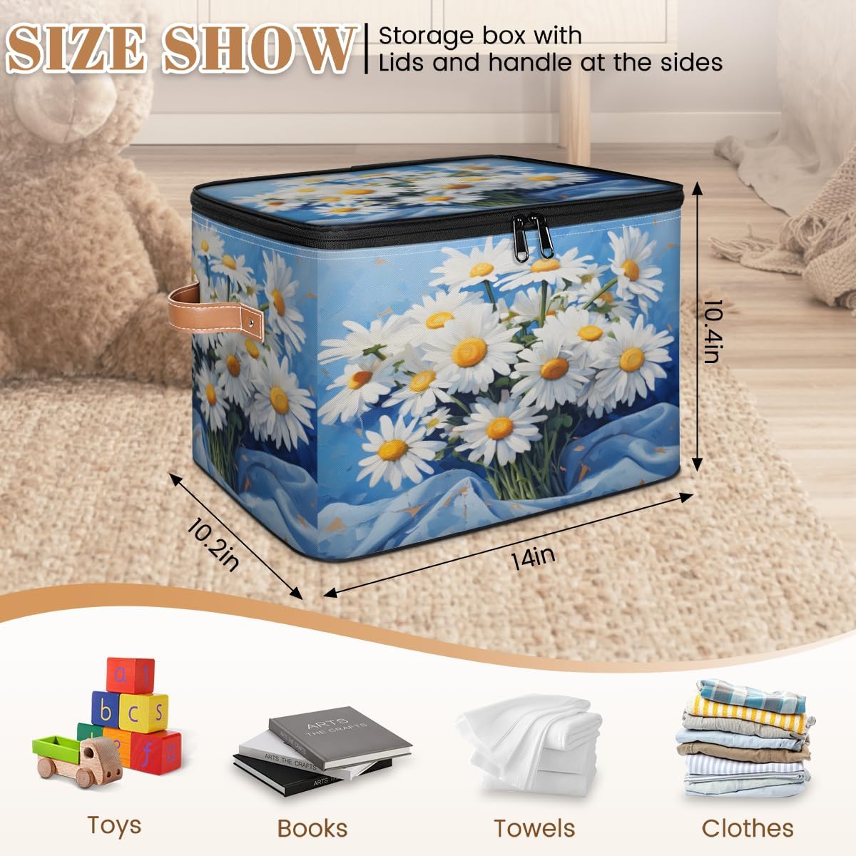 Storage Bin Set of 2 Oil Painting Daisy Storage Basket with Zipper Lid & Handle Foldable Closet Shelf 2 Pack Cloth Organizer Basket Cube Bins Clothes Organizer for Nursery, Bedroom