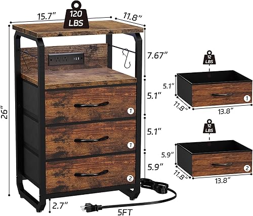 Miniatura 3 de Mesa auxiliar de cama con 3 cajones de tela, mesita de noche con estación de carga, mesita de noche LED con ganchos, mesa auxiliar con