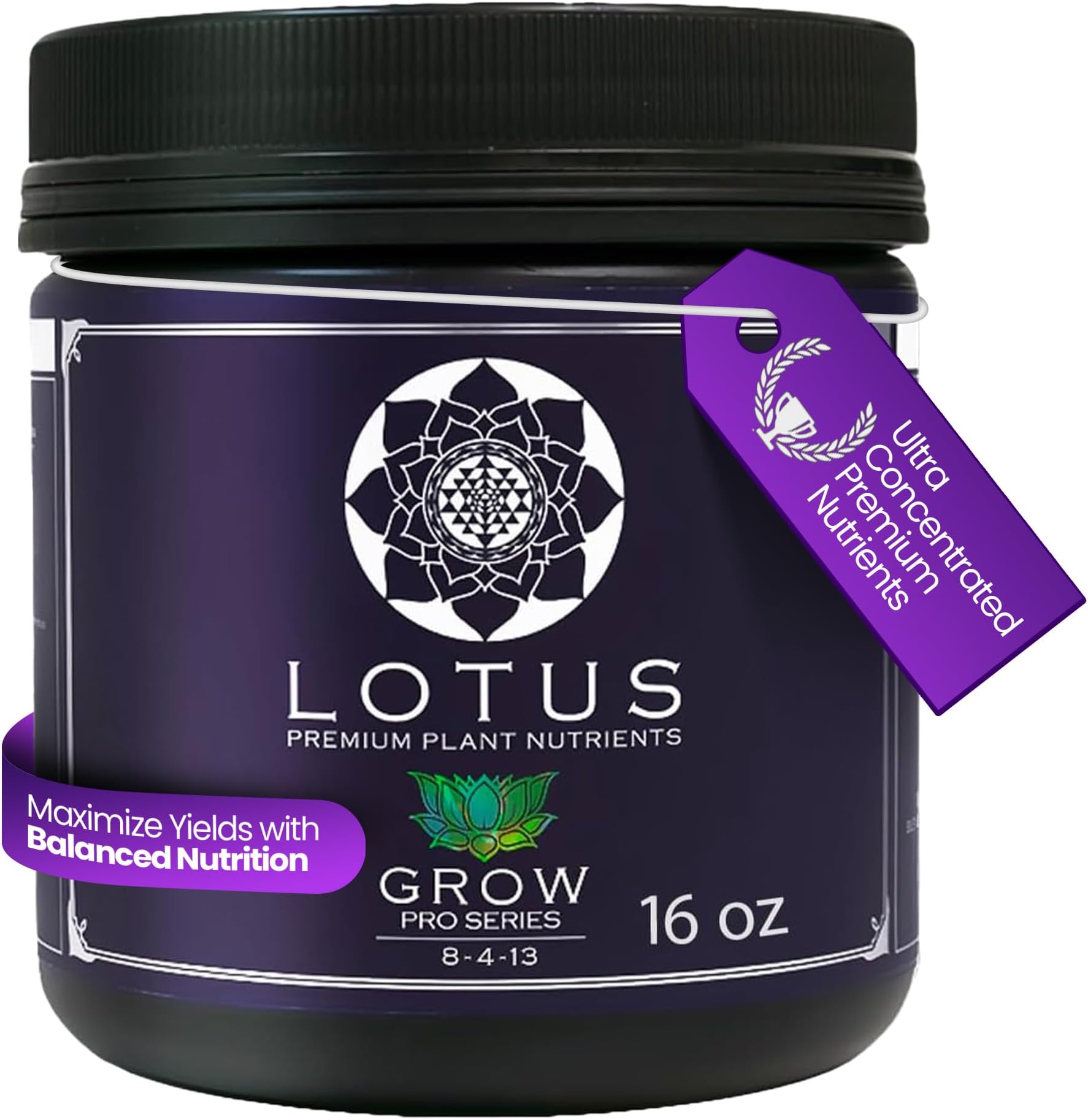 Lotus Nutrients Grow Pro Series, Water Soluble Plant Nutrient Powder, 14+ Ingredients with Chelated Micronutrients and Amino Acids, for Coco Coir, Hydroponics, Soil, Indoor and Outdoor Grows, 16oz