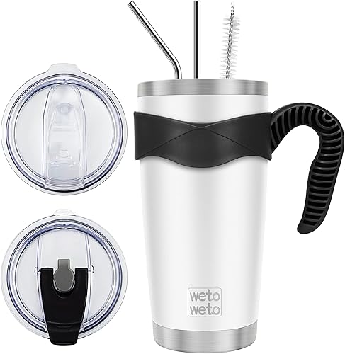 Vista 119 de WETOWETO - Vaso térmico de acero inoxidable de 20 onzas con mango, taza de café con 2 tapas y 2 pajillas, doble pared con aislamiento al vacío, vaso