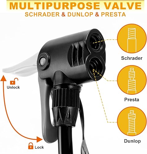 Miniatura 2 de Hycline Bomba de piso para bicicleta con manómetro bombas de bicicleta de alta presión de 160 PSI - Bomba de aire duradera para válvulas Presta y
