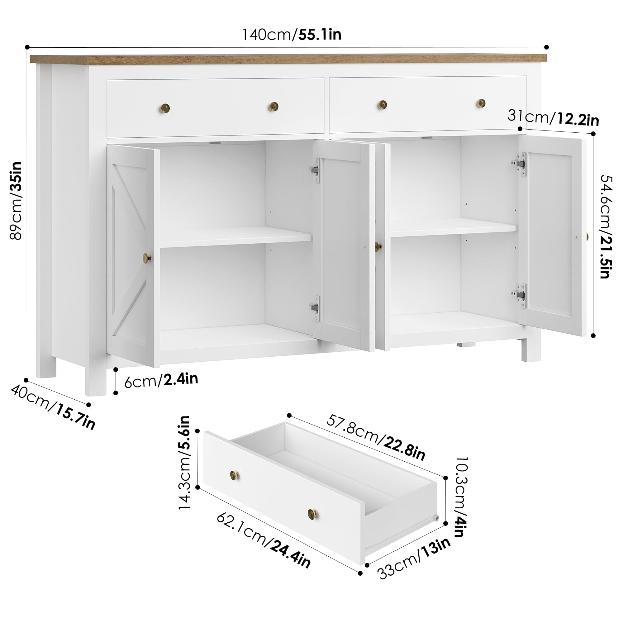 FirFurd Aparador Cocina Aparador Comedor Grande 2 Cajones 4 Puertas Blanco | Mueble Auxiliar de Cocina, Mueble Aparadores Salon con Encimera, 2 Estantes Ajustables 140x40x89cm