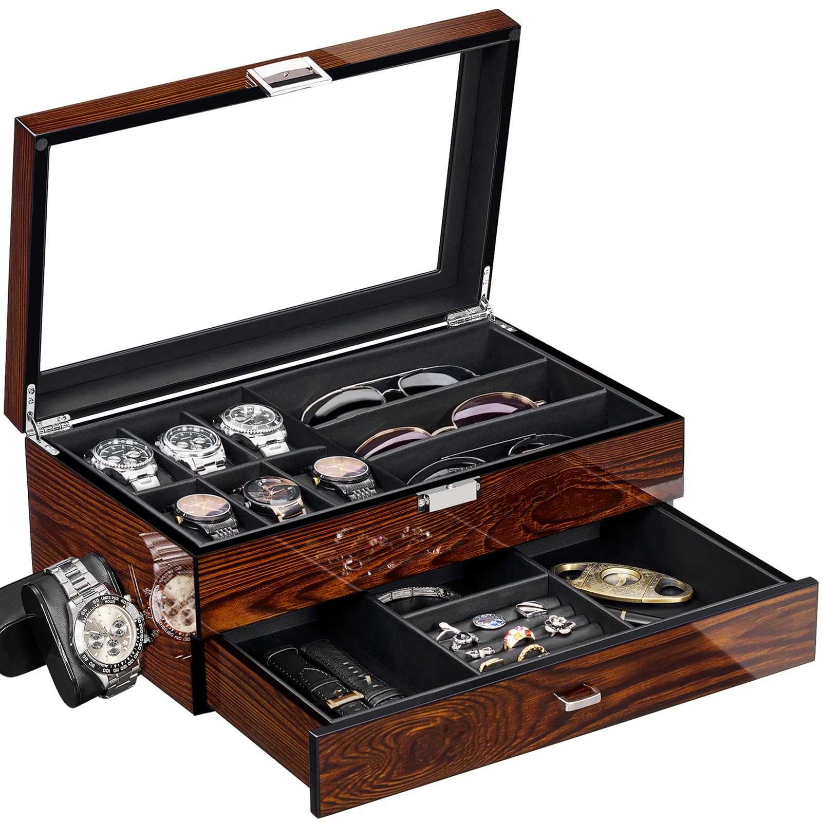 BEWISHOME Watch Box Watch Case Jewelry Organizer Sunglass Organizer with Valet Drawer, Watch Organizer for Men Women,Smooth Faux Leather Interior, Brown SSH32Y