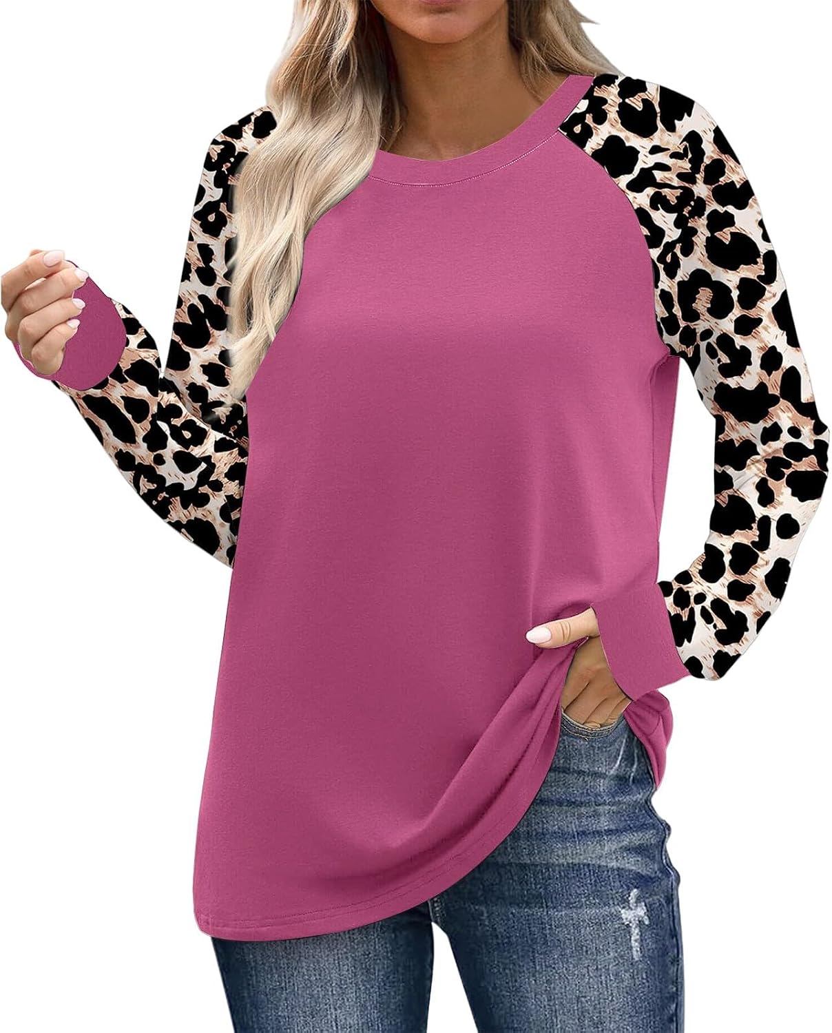 Women's Tops Raglan Long Sleeve Crewneck T Shirts Colorblock Blouse Leopard Basic Tees Chirstmas Fall Winter Shirt