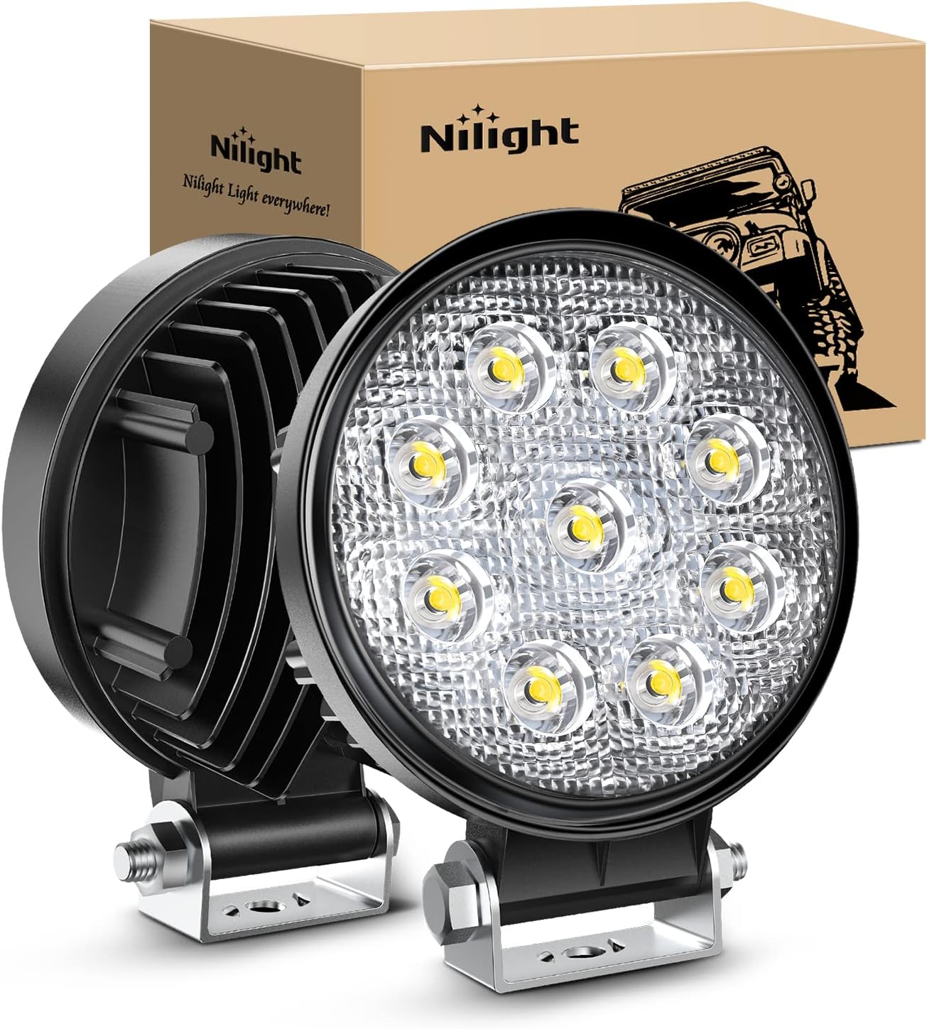 NI16E-27W Led Light Bar 2PCS 4.5" 27w 3000LM Round Spot Light Pod Off Road Fog Driving Roof Bar Bumper for Jeep,SUV Truck , Hunters, 2 years Warranty