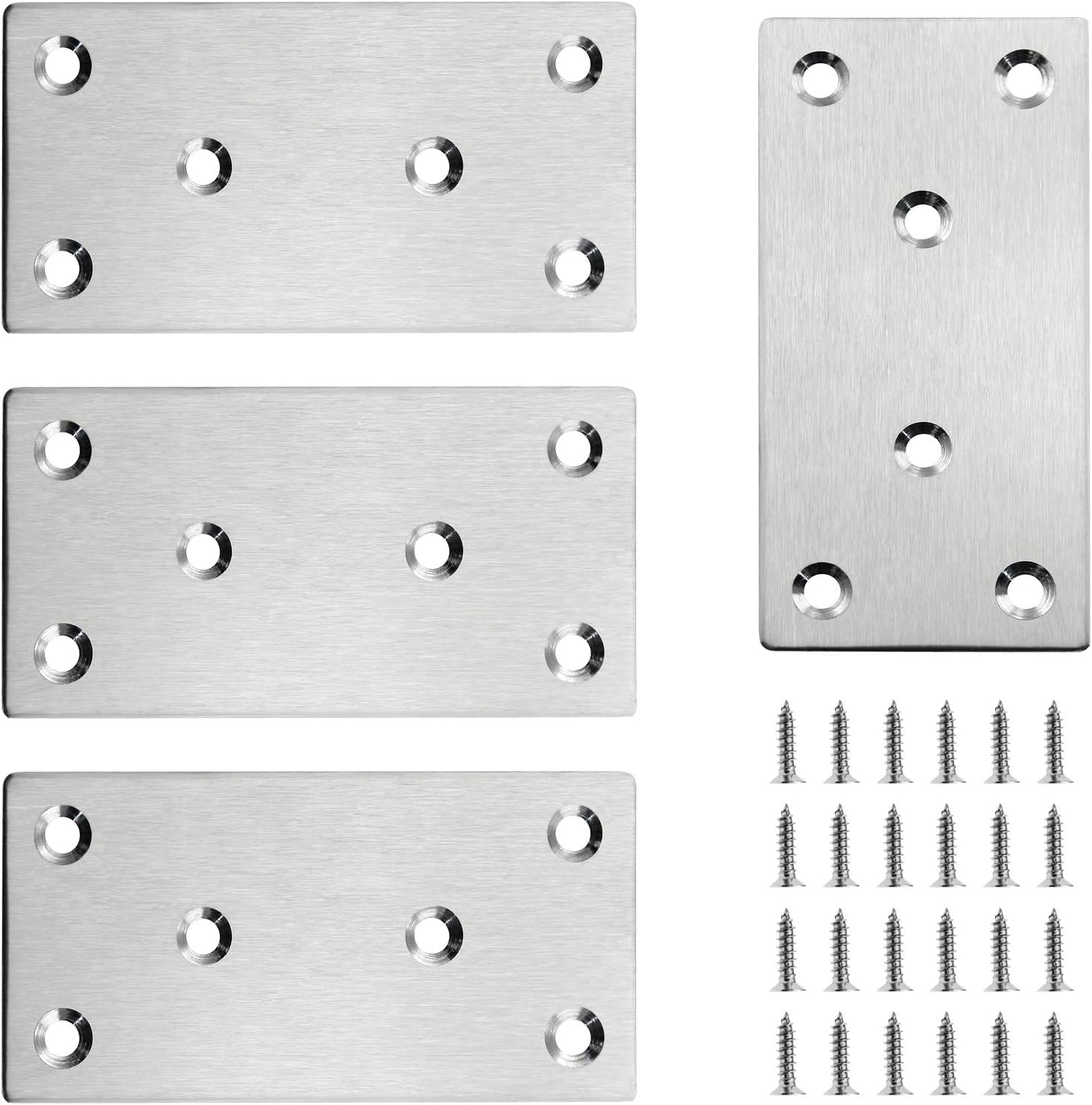 BokWin 4Pcs Stainless Steel Mending Plates, 100 x 50 x 2mm Heavy Duty Straight Metal Brace, Mending Flat Bracket Repair Plate with Screws for Wood, Furniture, Shelves, Cabinet（4x2inch