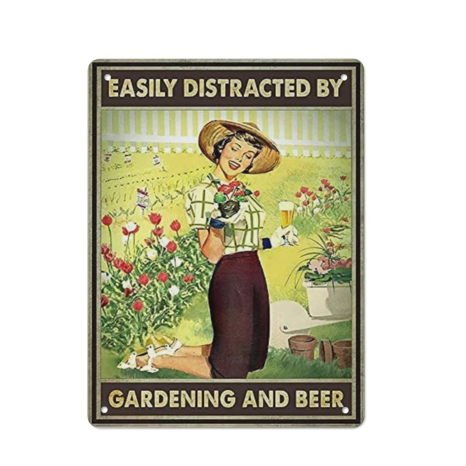 AOOEDM Easily Distracted By Garden And Beer Vintage Tin Sign Metal Tin Signs for Man Cave Funny Art Wall Plaque Kitchen Bar Pub Coffee Shop Wall Decor