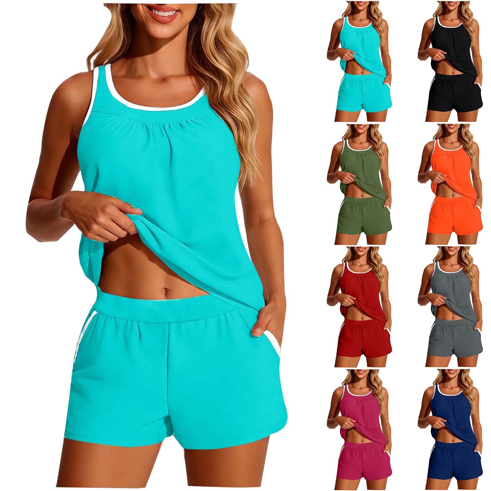 RLEHJN Damen Zweiteilige Tankini Set,Bauch Kontrolle Badeanzüge Sportliche Badeanzüge Push Up Zweiteiliger Badeanzug Gepolstert Bademode High Waist Badeanzug Bikini Sportlich