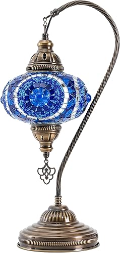 Miniatura 6 de Mozaist Lámpara de mosaico turco hecha a mano con bombilla, luz de mesa marroquí con cuello de cisne azul de ojo malvado para sala de estar o