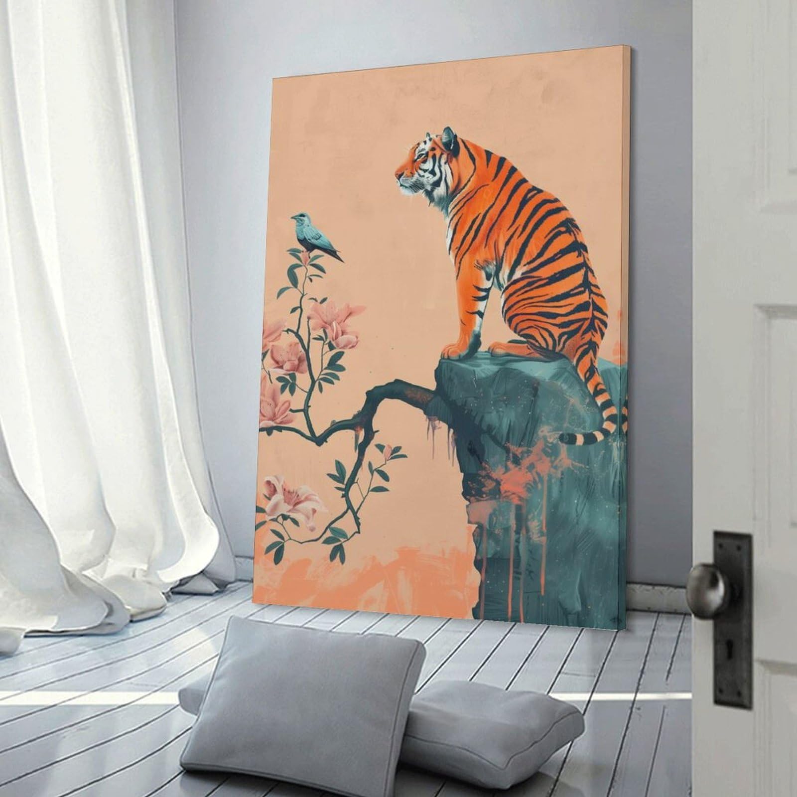 Junmoney Frame-Style-20 Tiger And Bird On Cliff Room Decor Wall Art 08X12inch(20X30cm), For Entrance Walls, Hall Decor Or Foyers, A Neat Decor Update For Hallways