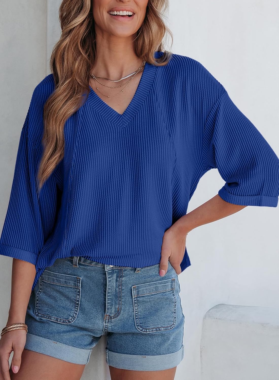 EVALESS Womens Summer Tops Trendy Dressy Casual 3/4 Sleeve Loose Solid Textured Tunic Tops Blouses Oversized T Shirts - Image 5