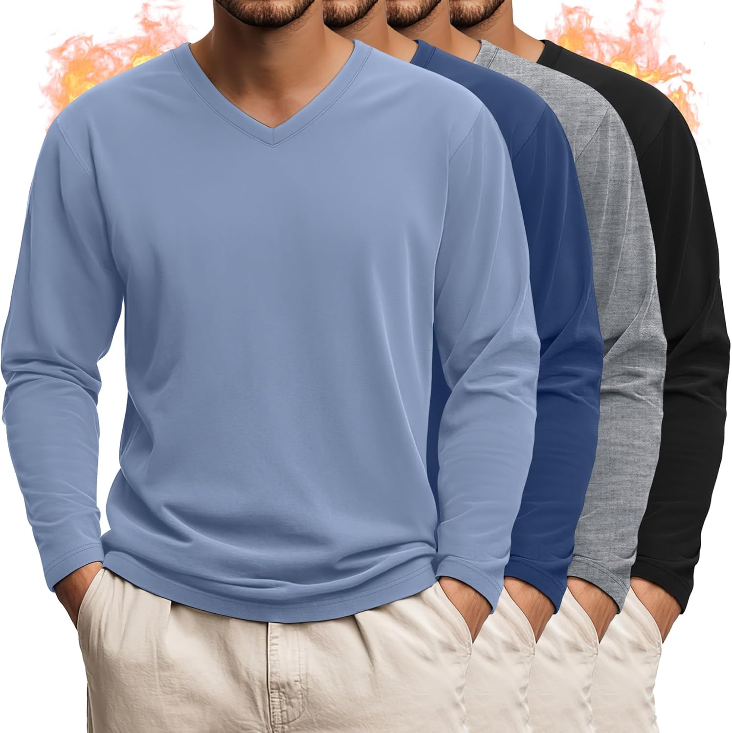 4 Pack Men's Big and Tall Thermal Shirts Fleece V Neck Long Sleeve Underwear Loose Fit Winter Warm Tops