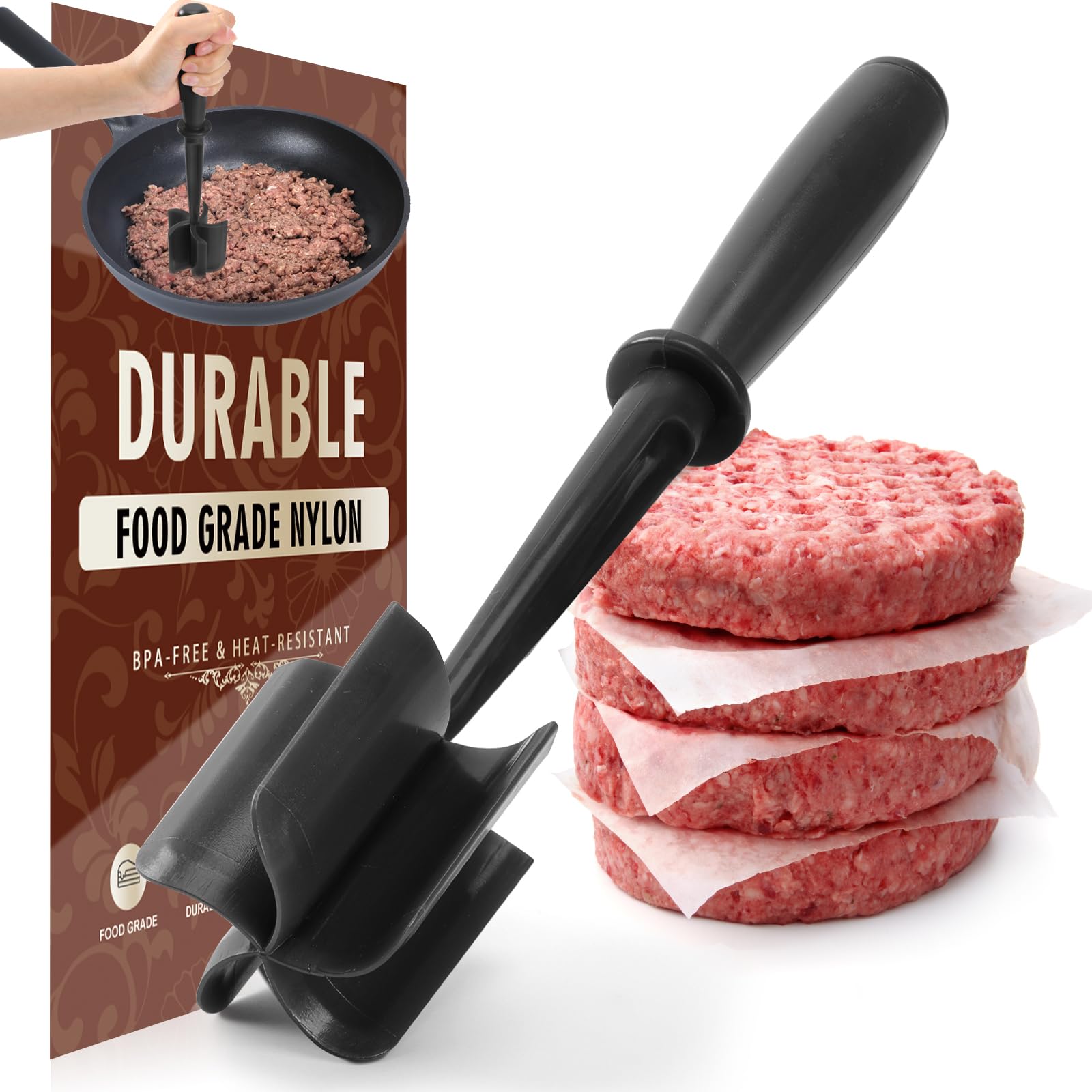 Premium Meat Chopper - 5 Curve Blade Ground Beef Smasher Tool - Heat-Resistant Nylon Meat Masher for Ground Beef, Hamburger, Potatoes - Non-Stick Ground Meat Chopper for Easy Mixing - Black