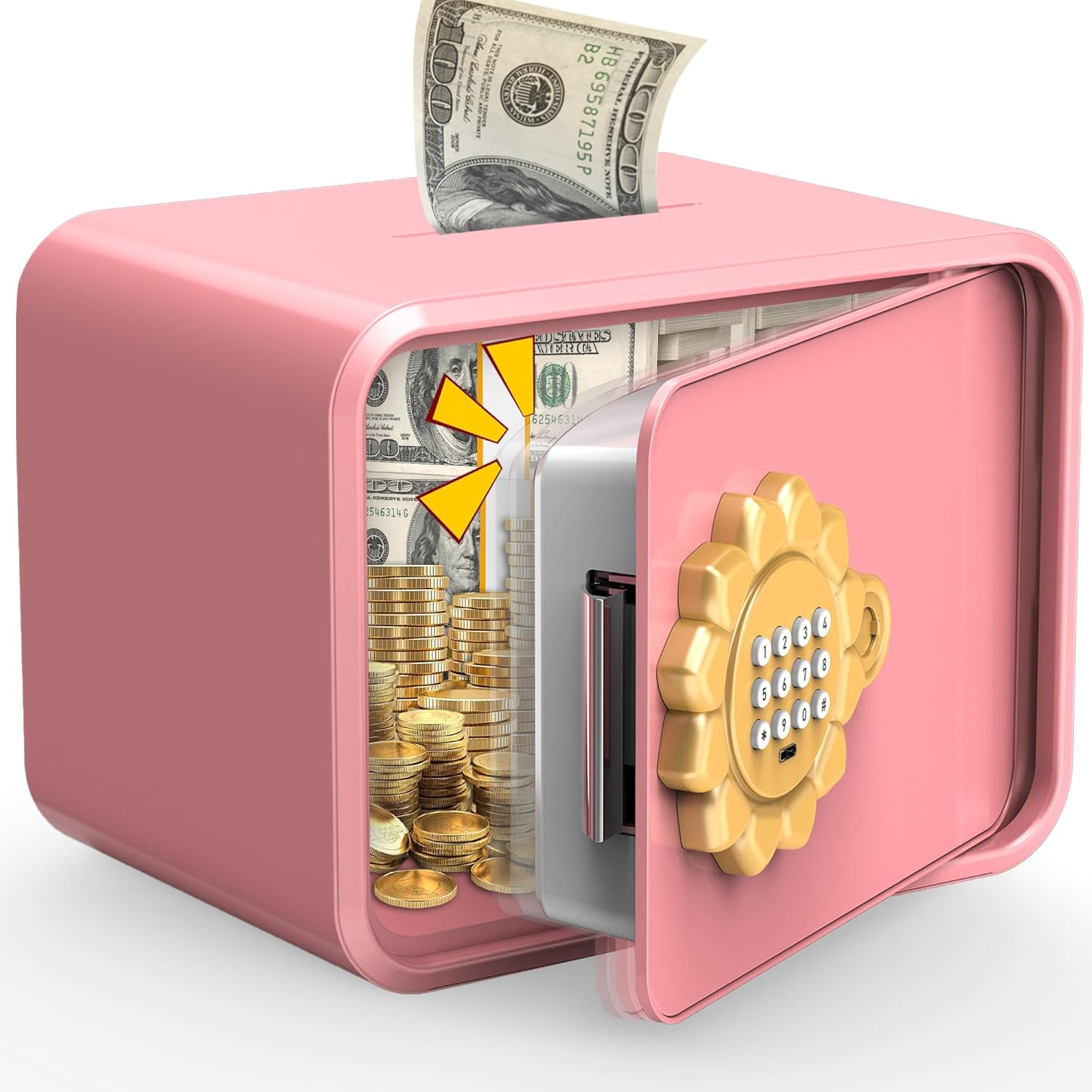 Pink Sunflower Mini Steel Safe with Auto Door & Coin Slot, Small Safe Box for Cash, Jewelry, Personal, Cosmetics & Goal Savings, for Kids, Teens & Renters, Home, Office, Hotel Use