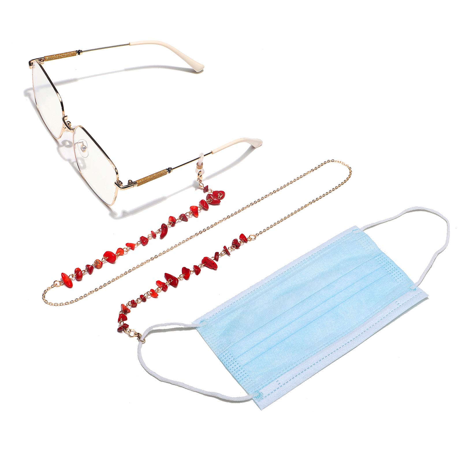Cadena de Gafas, Cadena de Gafas para Mujeres, Retenedores Naturales de Gafas de Piedra roja Cadenas de Lentes Hechas a Mano Cadena de Soporte de Gafas de Sol for Mujeres(Gold)