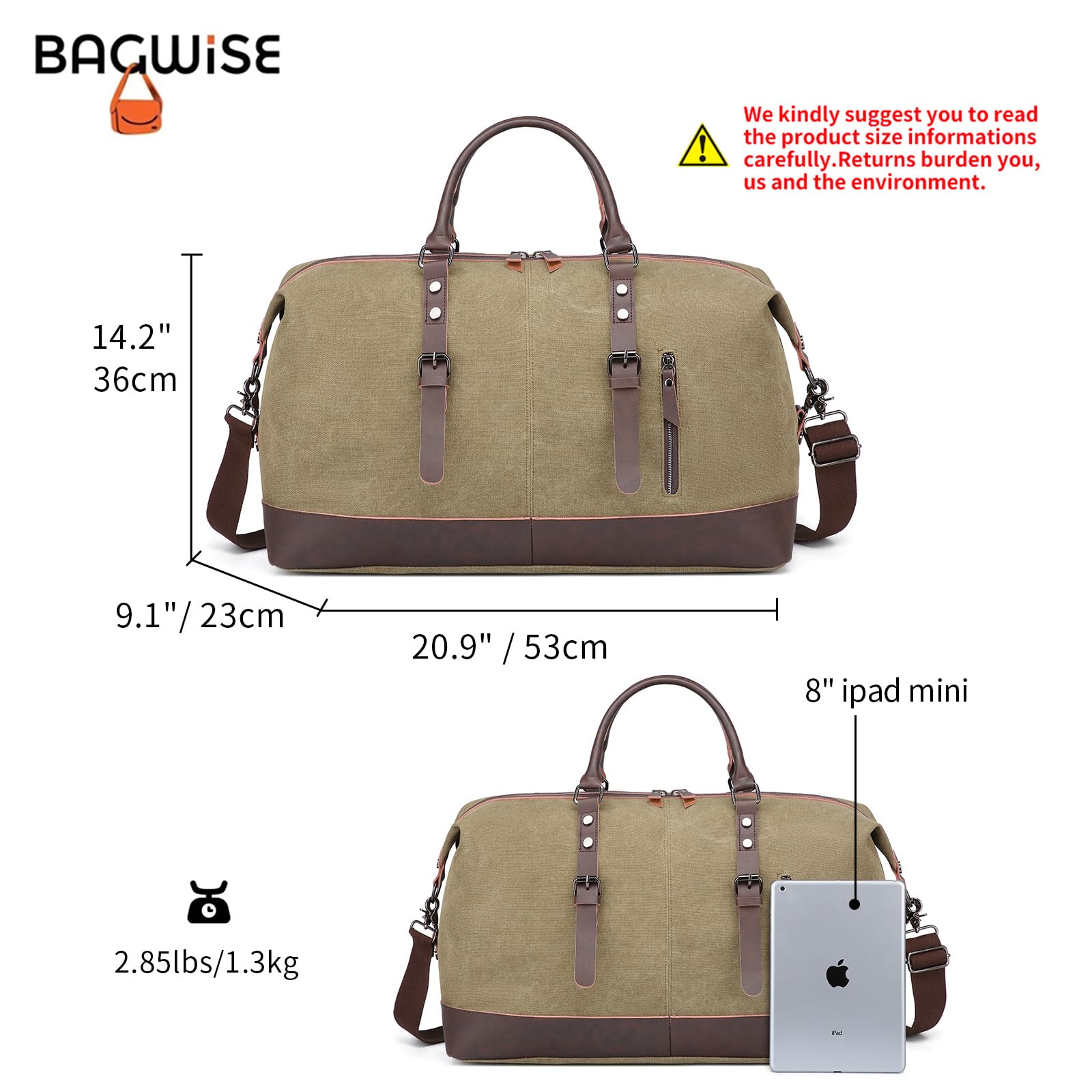 Canvas-Duffel-Bag für Reisen – Wasserabweisende Weekender-Tasche, Handgepäck, Sport- und Reisetasche für Damen und Herren (Dunkelgrün)