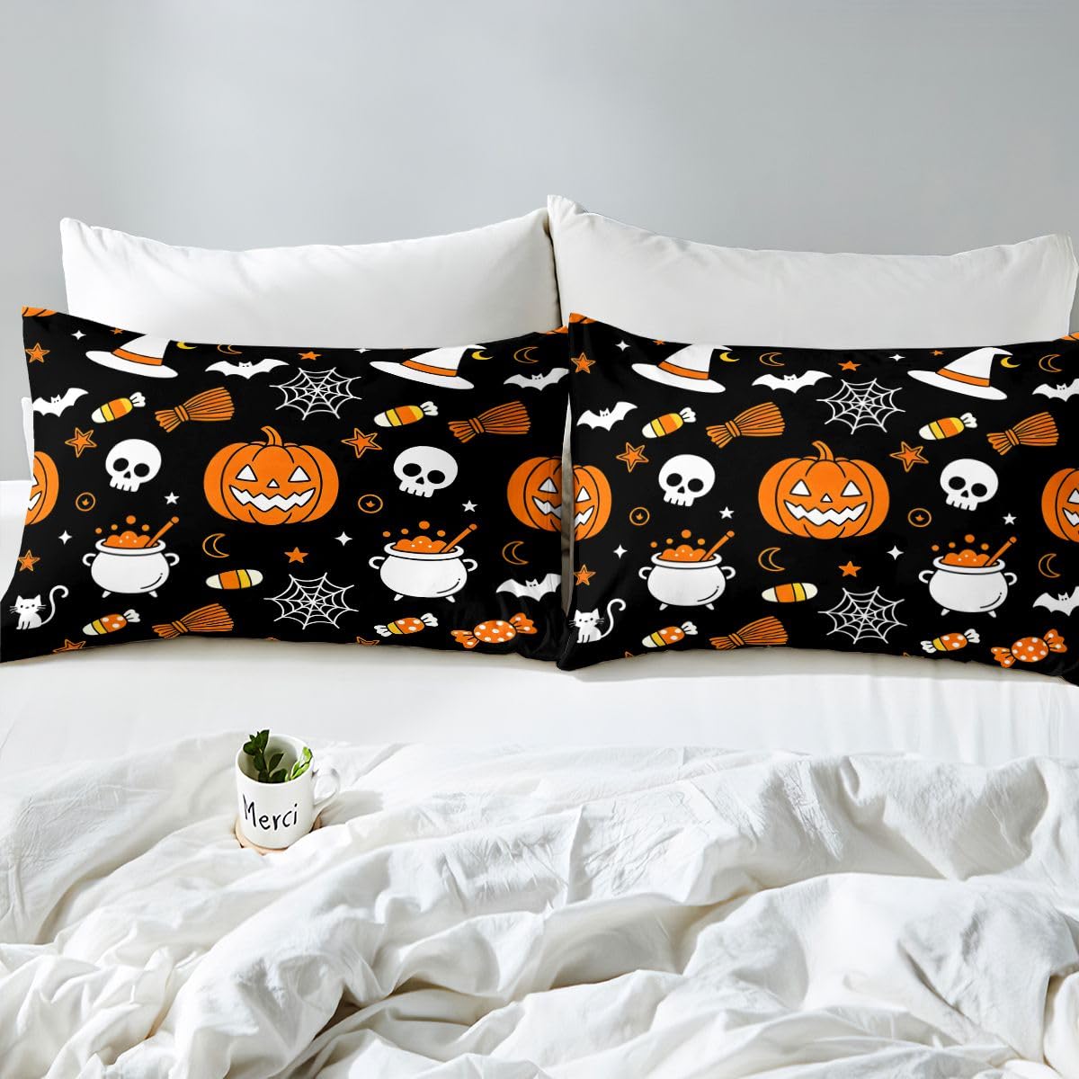Loussiesd Happy Halloween poszewka na kołdrę super king size uroczy duch dynia kot pajęczyna zestaw pościeli dla chłopców dziewcząt cukrowa czaszka poszewka na kołdrę sypialnia dekoracja 3 szt. zamek